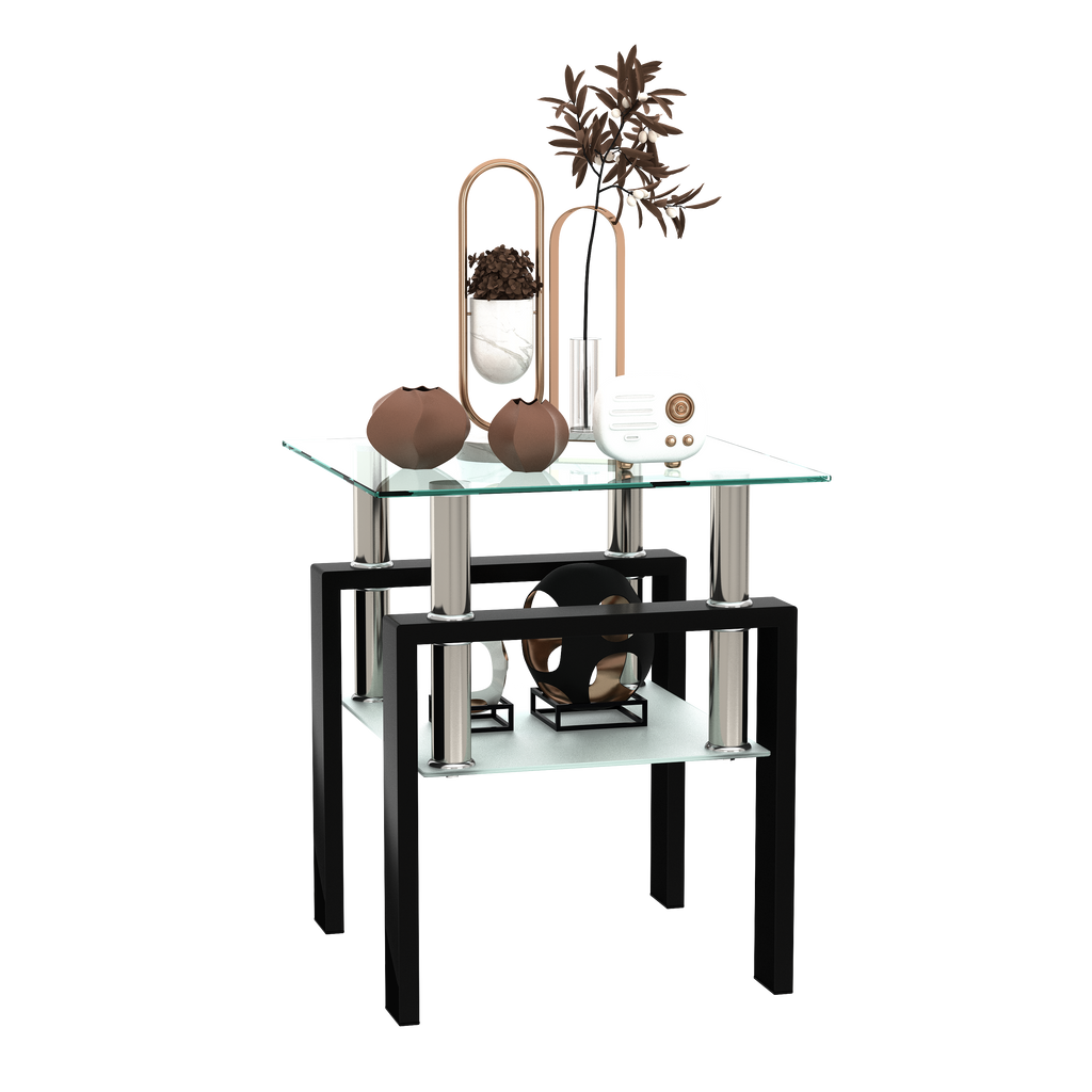 Modern Tempered Glass Tea Table Coffee Table End Table, Transparent/Black, Metal Leg, 17.72 x 17.72 x 20.5 inches - Grand Goldman Shop