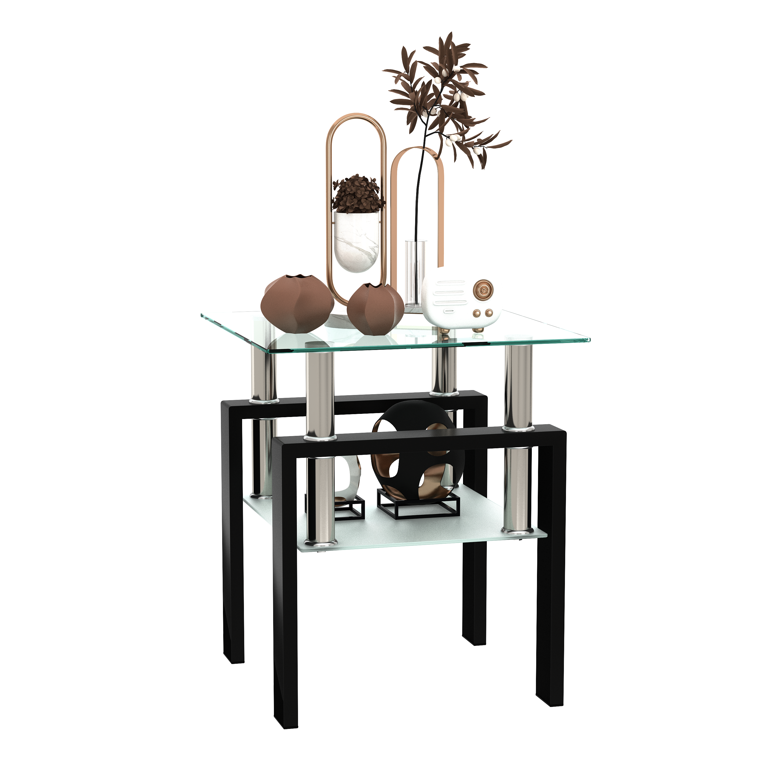 Modern Tempered Glass Tea Table Coffee Table End Table, Transparent/Black, Metal Leg, 17.72 x 17.72 x 20.5 inches - Grand Goldman Shop