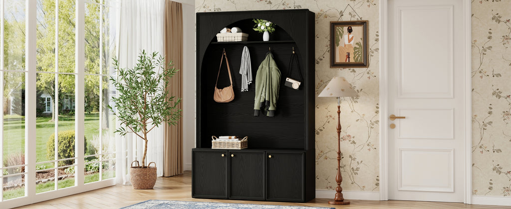 ON-TREND Farmhouse All-in-One Hall Tree with Adjustable Shelves, Retro Arched Entryway Storage Bench with 3 Cabinets, Wooden Coat Rack Organizer with 4 Golden Hooks for Mudroom, Hallway, Black - Grand Goldman Shop