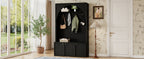 ON-TREND Farmhouse All-in-One Hall Tree with Adjustable Shelves, Retro Arched Entryway Storage Bench with 3 Cabinets, Wooden Coat Rack Organizer with 4 Golden Hooks for Mudroom, Hallway, Black - Grand Goldman Shop
