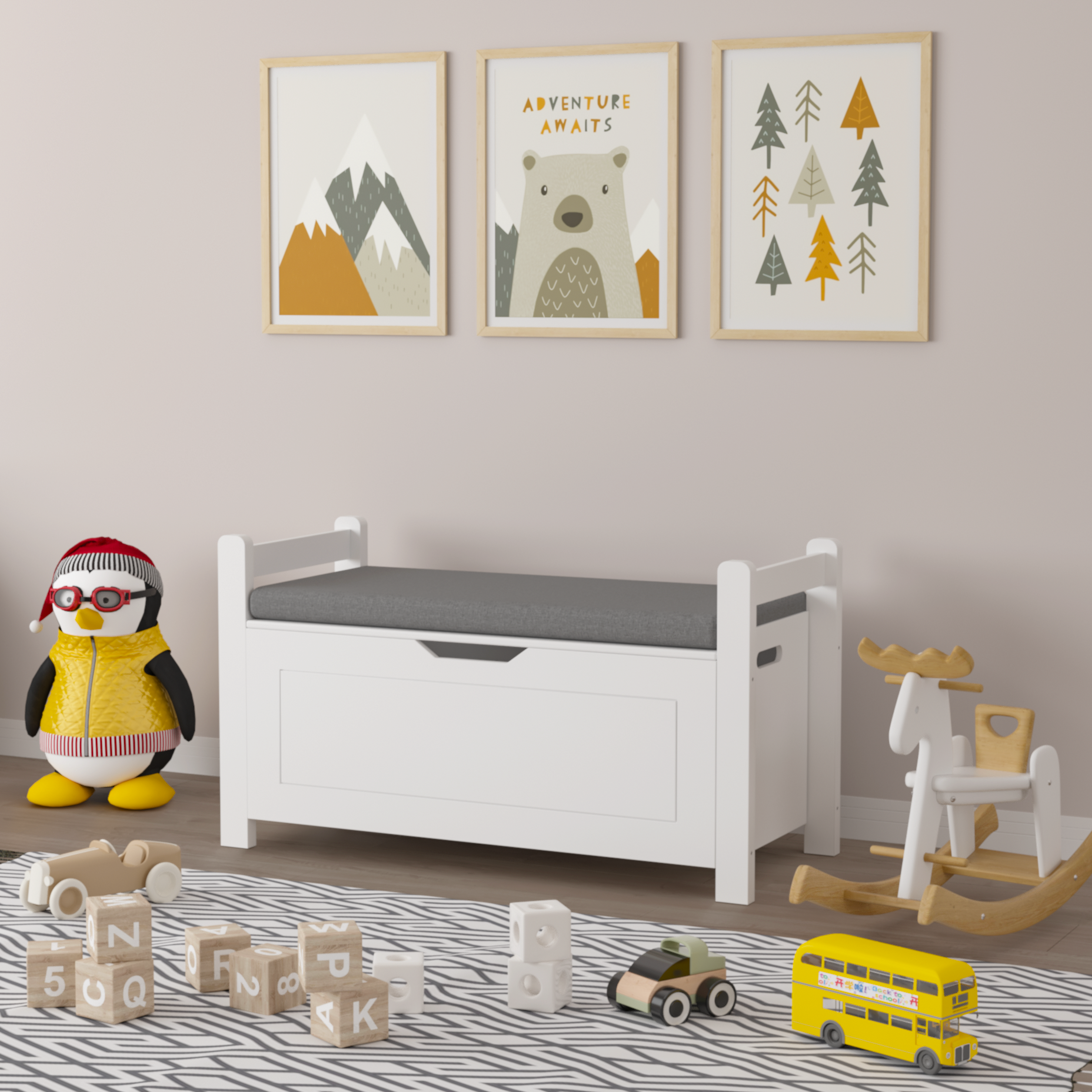 Kids Toy Box Chest White Storage Cabinet with Cushion Seat Bench Flip-Top Lid Safety Hinge for Nursery Playroom | Premium Hom