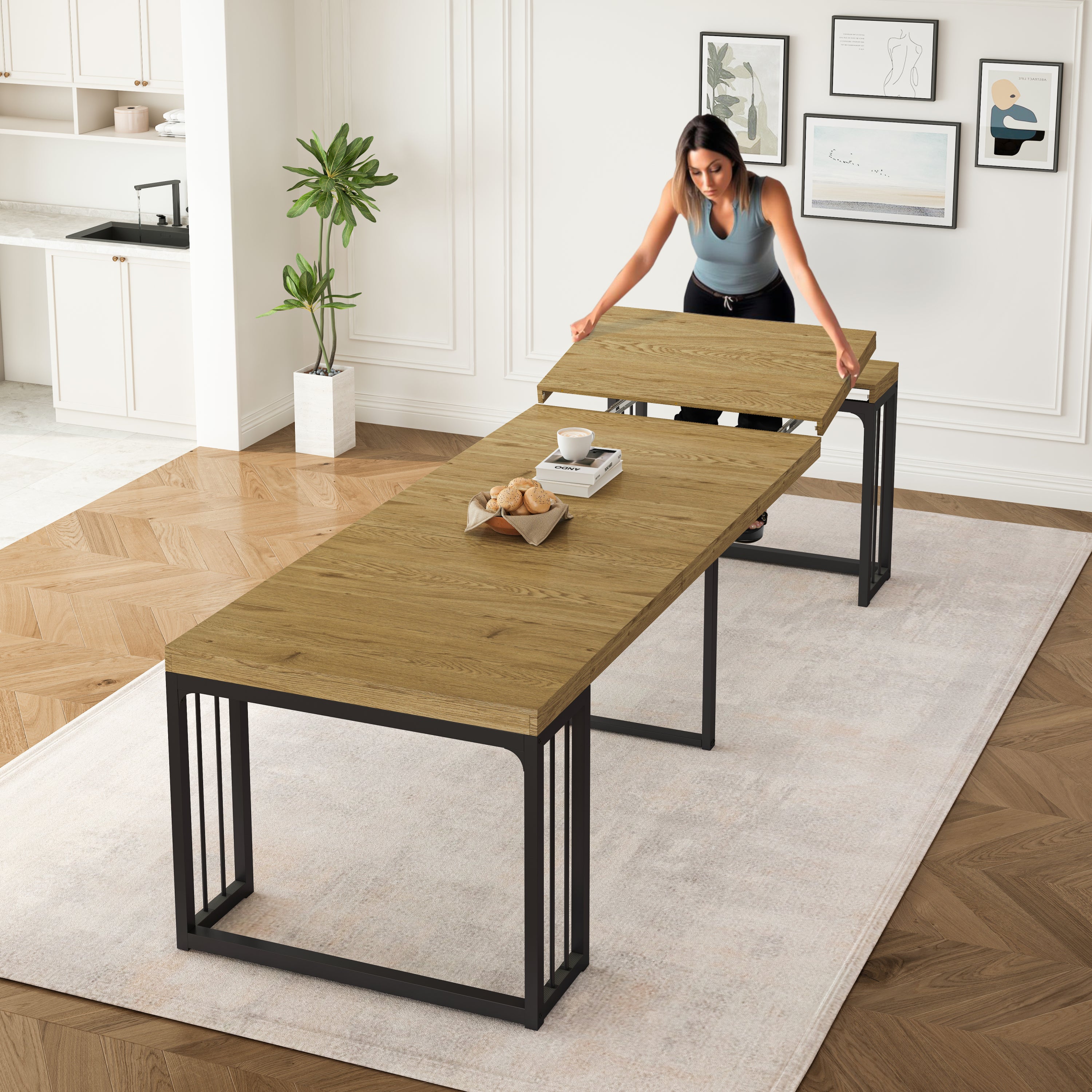 23.62' - 118' Stretching Length, Modern Extendable Dining Table,Seats 2-10 People,,Space-Saving Wood Dining Table for Kitchen/Dining Room/Living Room,,Perfect for Family Gatherings/Parties(Wild oak) - Grand Goldman Shop