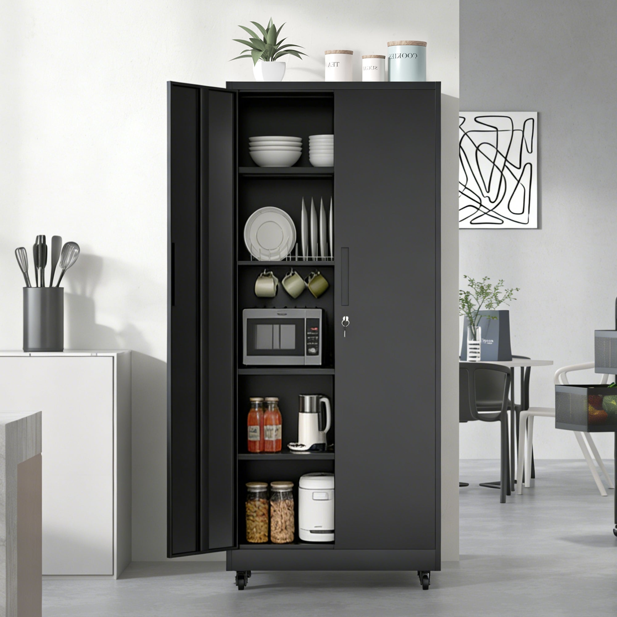 Heavy Duty Rolling Metal Cabinet with Lock, 71 inch Garage Storage Cabinet, 4 Adjustable Shelves (180lb Each), Black, for Too