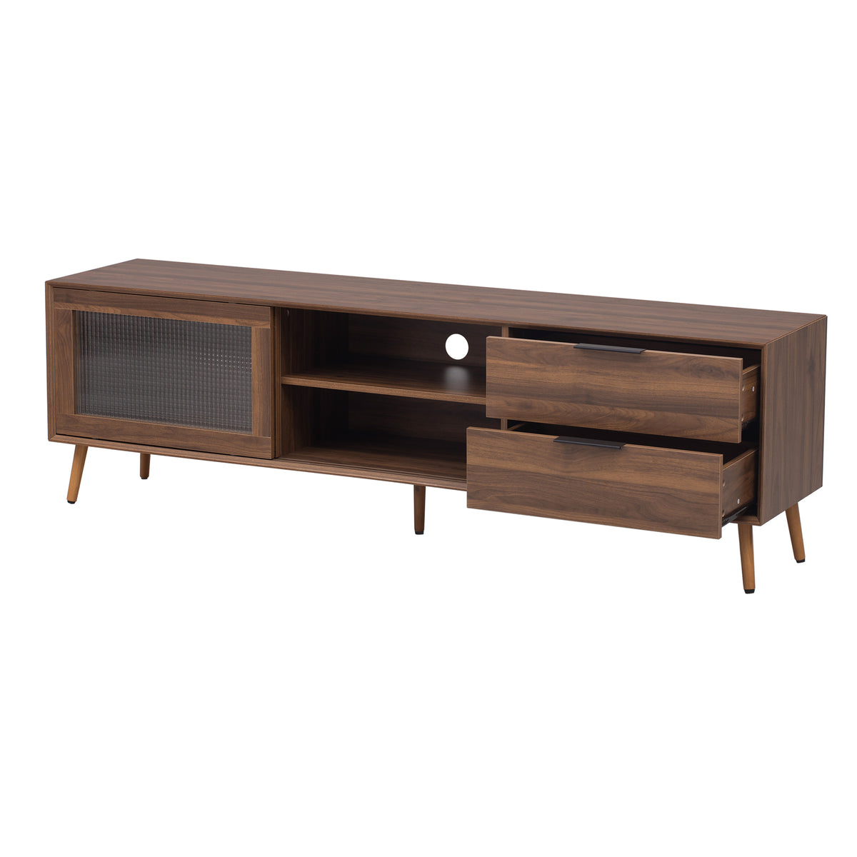 Modern Walnut TV Stand for 75+ TV, 70' Media Console with 2 Glass Doors, 2 Drawers & Storage Cabinet, MDF and Solid Wood Construction - Grand Goldman Shop