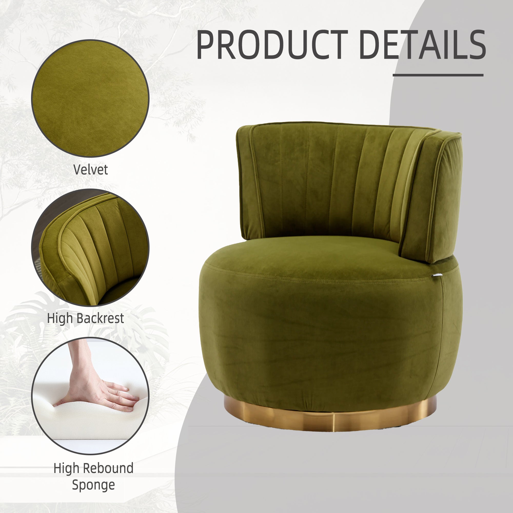 Swivel Barrel Chair, Round Armchairs with Wide Upholstered, Fluffy Velvet Fabric, Olive, 25.20'' x 25.59'' x 26.38'' - Grand Goldman Shop