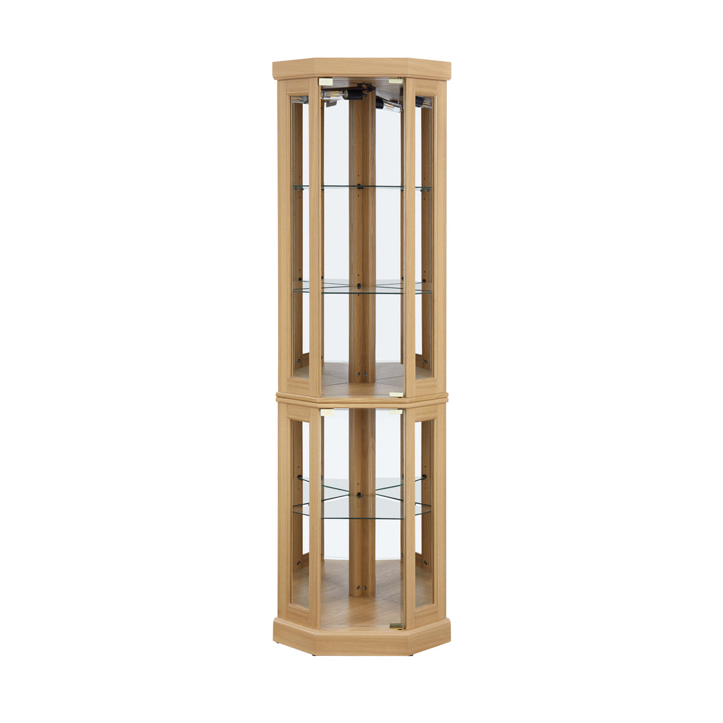 Corner Glass Cabinet Lighted Curio Cabinet Corner Display Case for Living Room, Curio Cabinet, Antique collection, Wine,Bar Glass Storage Light Included, Light oak - Grand Goldman Shop