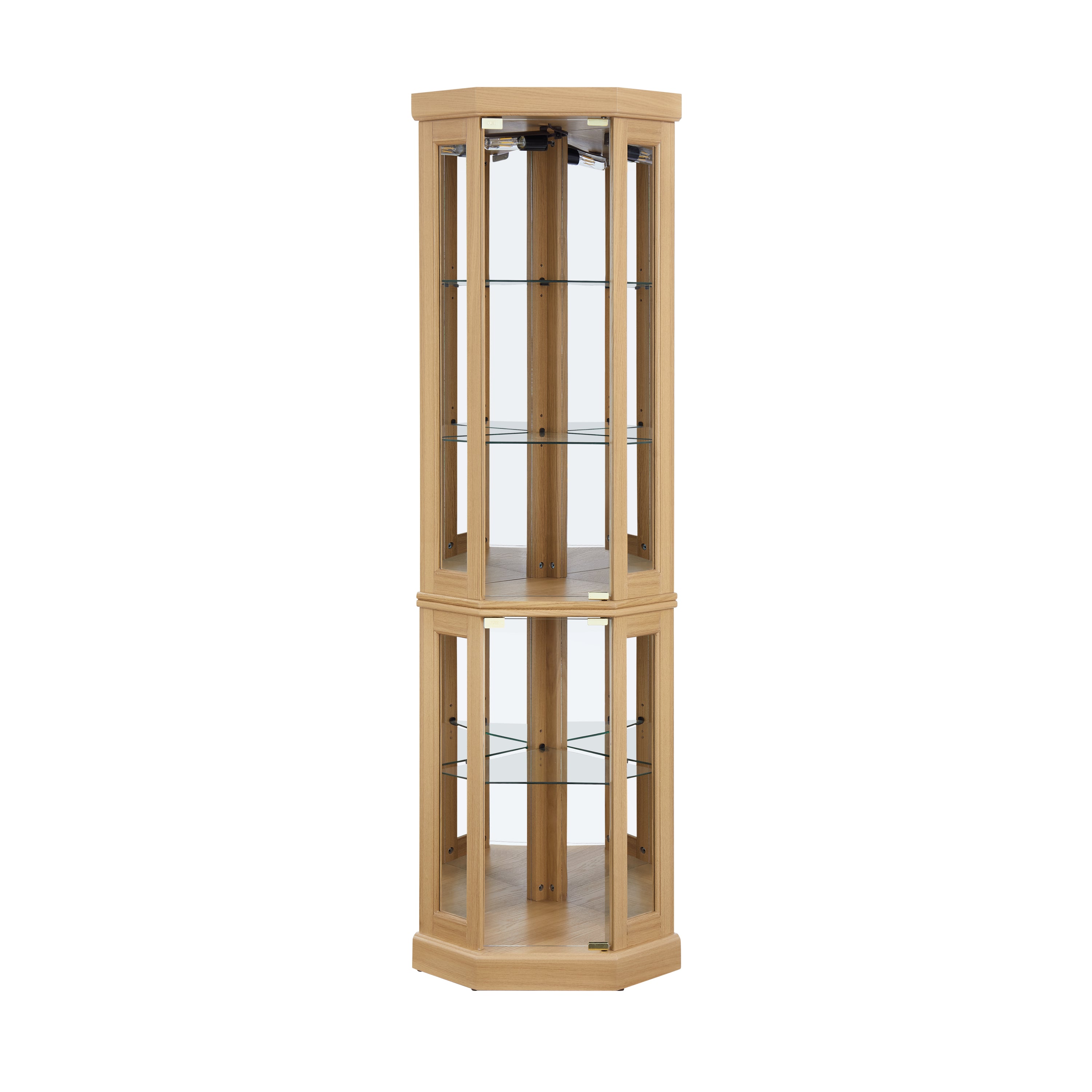 Corner Glass Cabinet Lighted Curio Cabinet Corner Display Case for Living Room, Curio Cabinet, Antique collection, Wine,Bar Glass Storage Light Included, Light oak - Grand Goldman Shop
