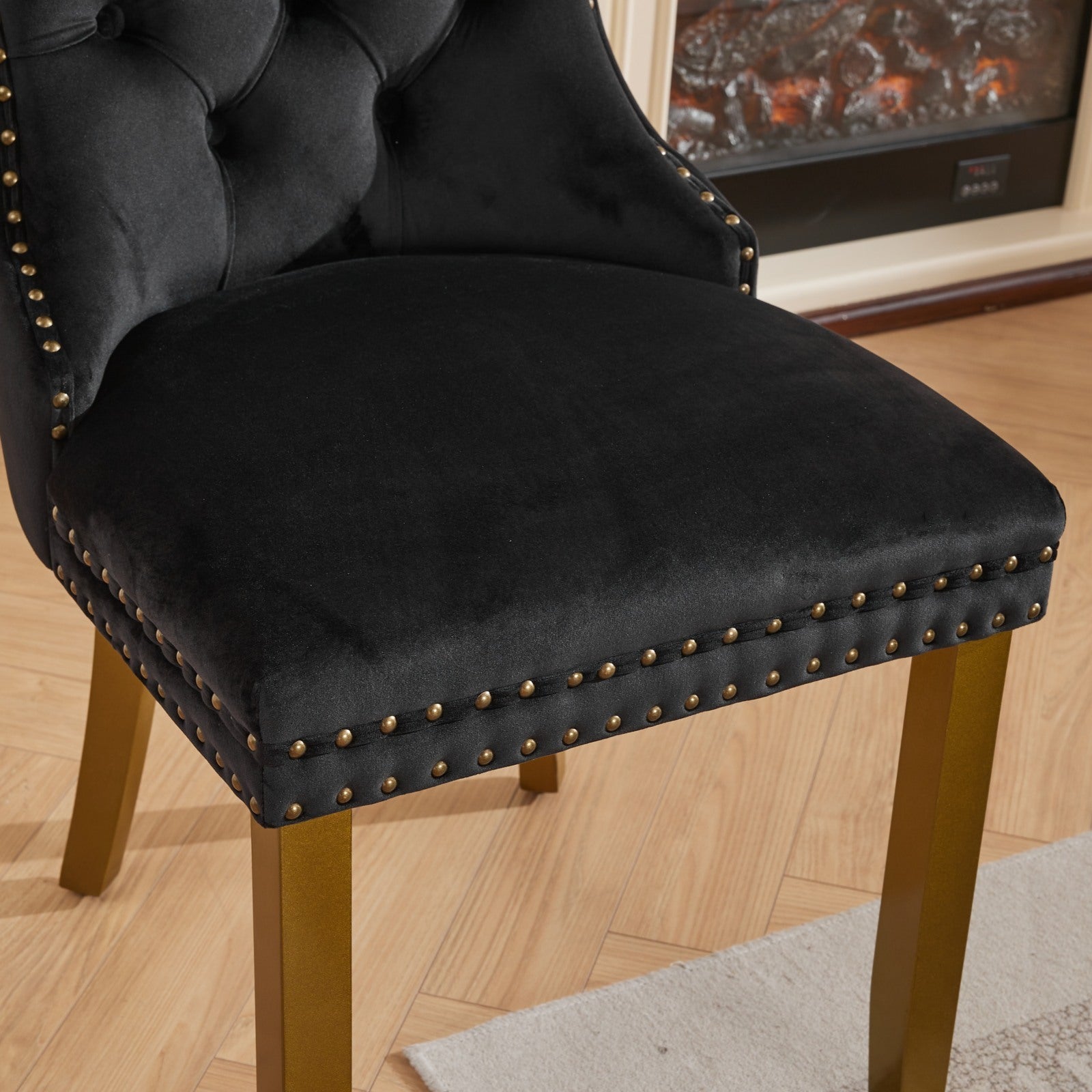 Mid-Century Modern Chairs with Lion Head Pull Ring,High-end Tufted Solid Wood Contemporary Velvet Upholstered Dining Chair with Golden Wooden Legs Nailhead Trim 2-Pcs Set,Black,SW1201BK - Grand Goldman Shop