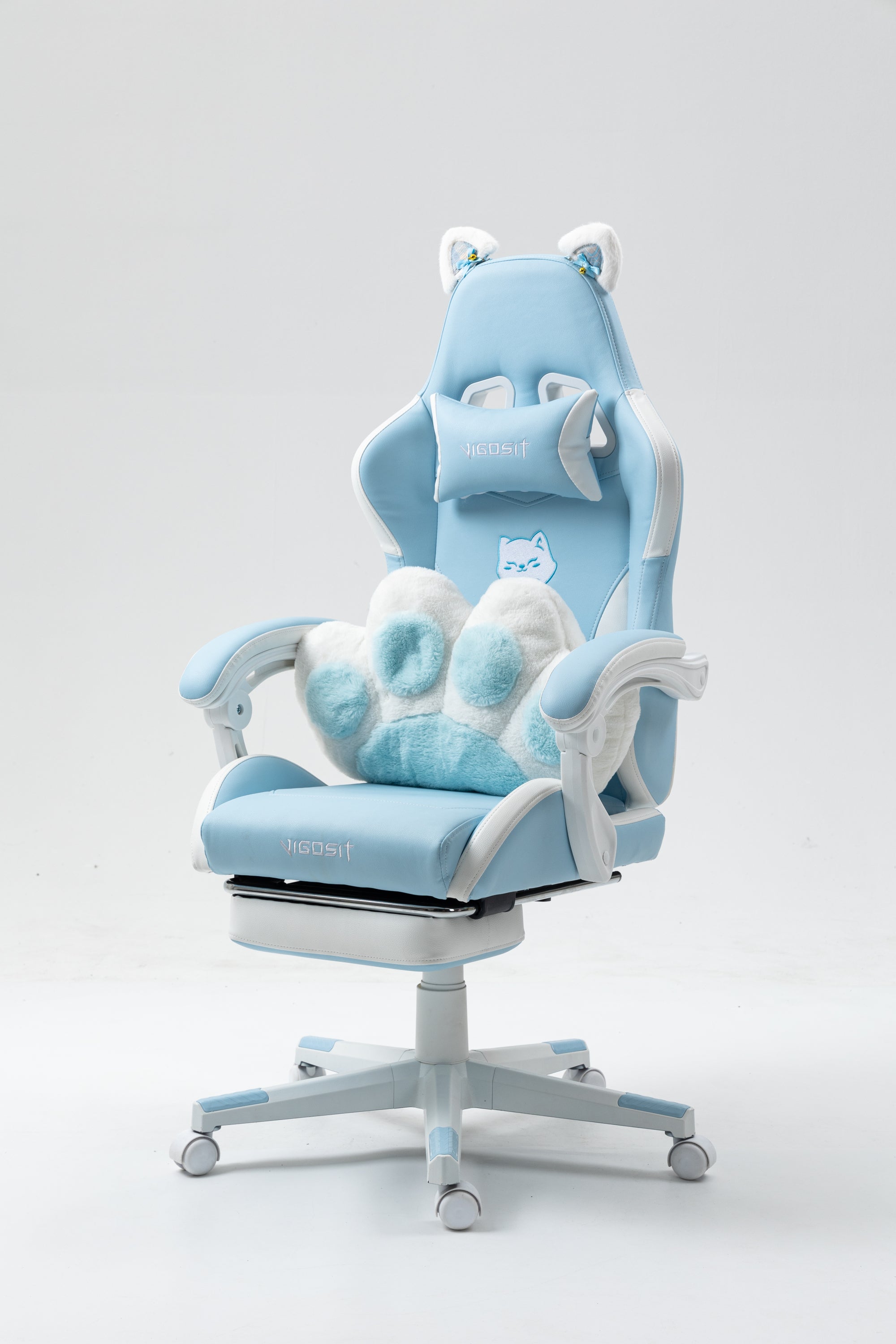 Cat Ears Gaming Chair - Ergonomic PU Leather Office Chair, Cute Chair with Footrest for Adult 310lbs Capacity, 90°-155° Recli