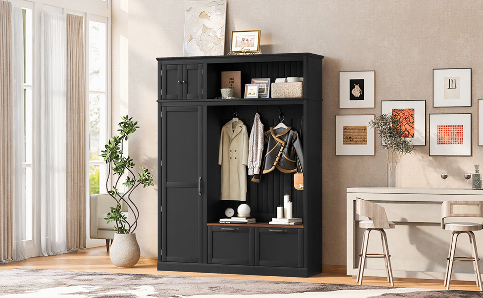 3-in-1 Hall Tree with Overhead Storage Cabinet, 3 Adjustable Side Shelves, 4 Heavy-Duty Hooks, 2 Spacious Drawers, Grooved Back Panel Design, Contrasting Seat Bench, Multifunctional Entryway Organizer - Grand Goldman Shop