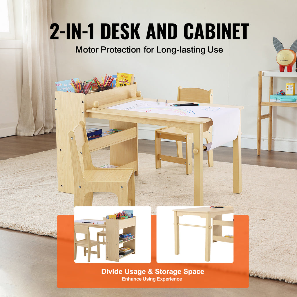 Kids Art Table and 2 Chairs, 2-in-1 Toddler Craft and Play Activity Table, Wood Toddler Table and Chair Set with A Cabinet fo