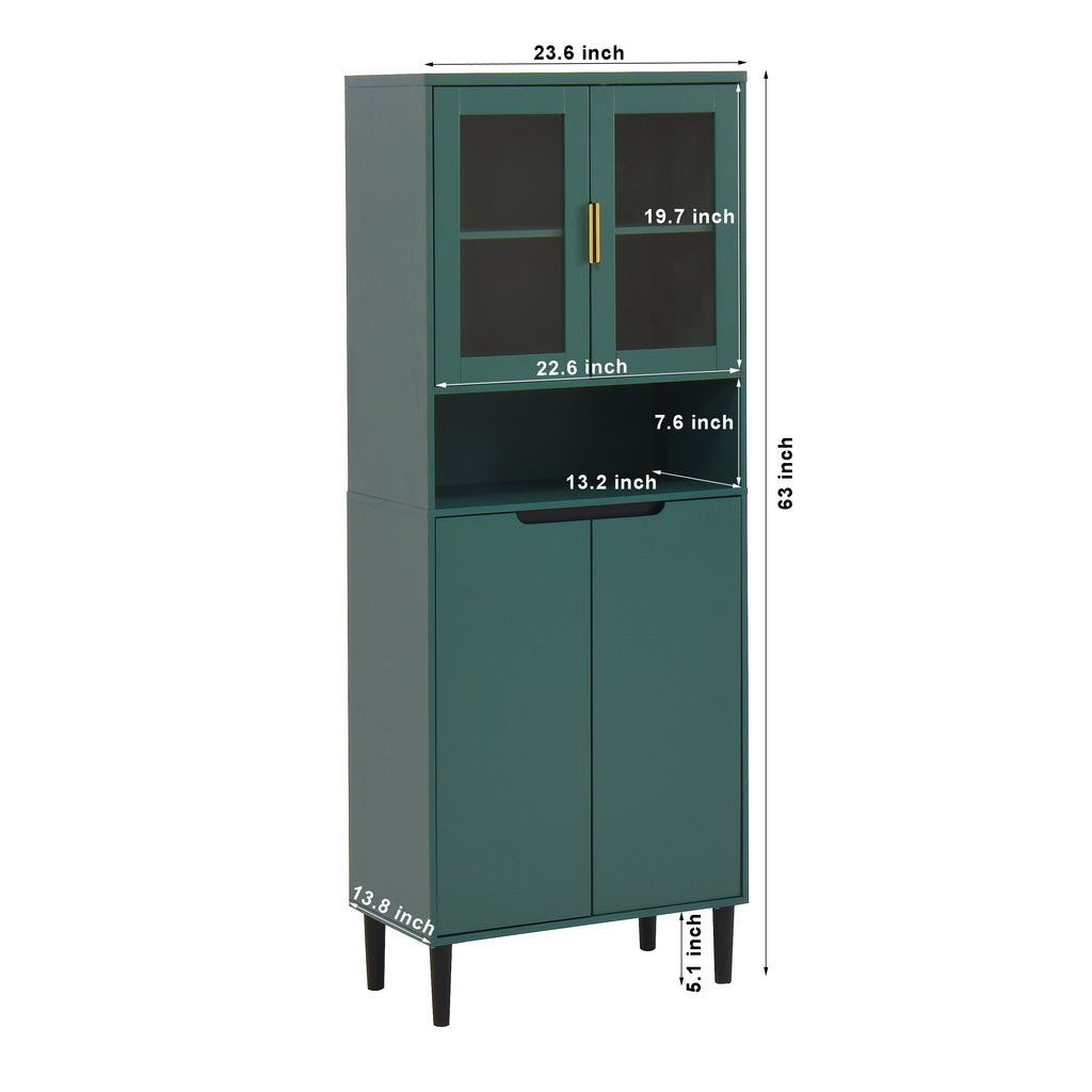 Tempered Glass Door Tall Storage Bookcase with adjustable board, 4 doors MDF painting finished cabinet, Green, Living room Bedroom storage - Grand Goldman Shop
