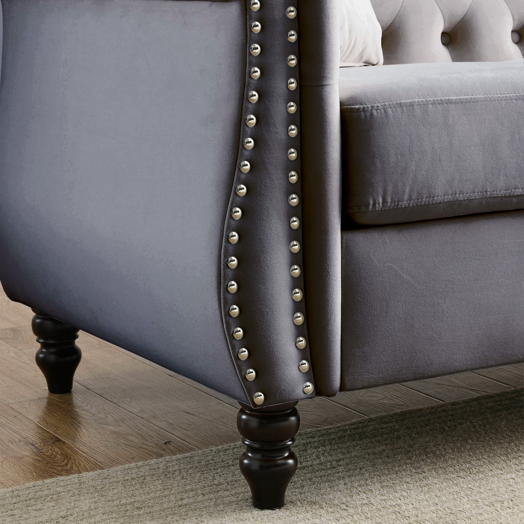 Grey Velvet 3-Seater Chesterfield Sofa with Rolled Arms and Nailhead Trim, Tufted Couch for Living Room, Bedroom, Office, Apartment, Includes Two Pillows - Grand Goldman Shop