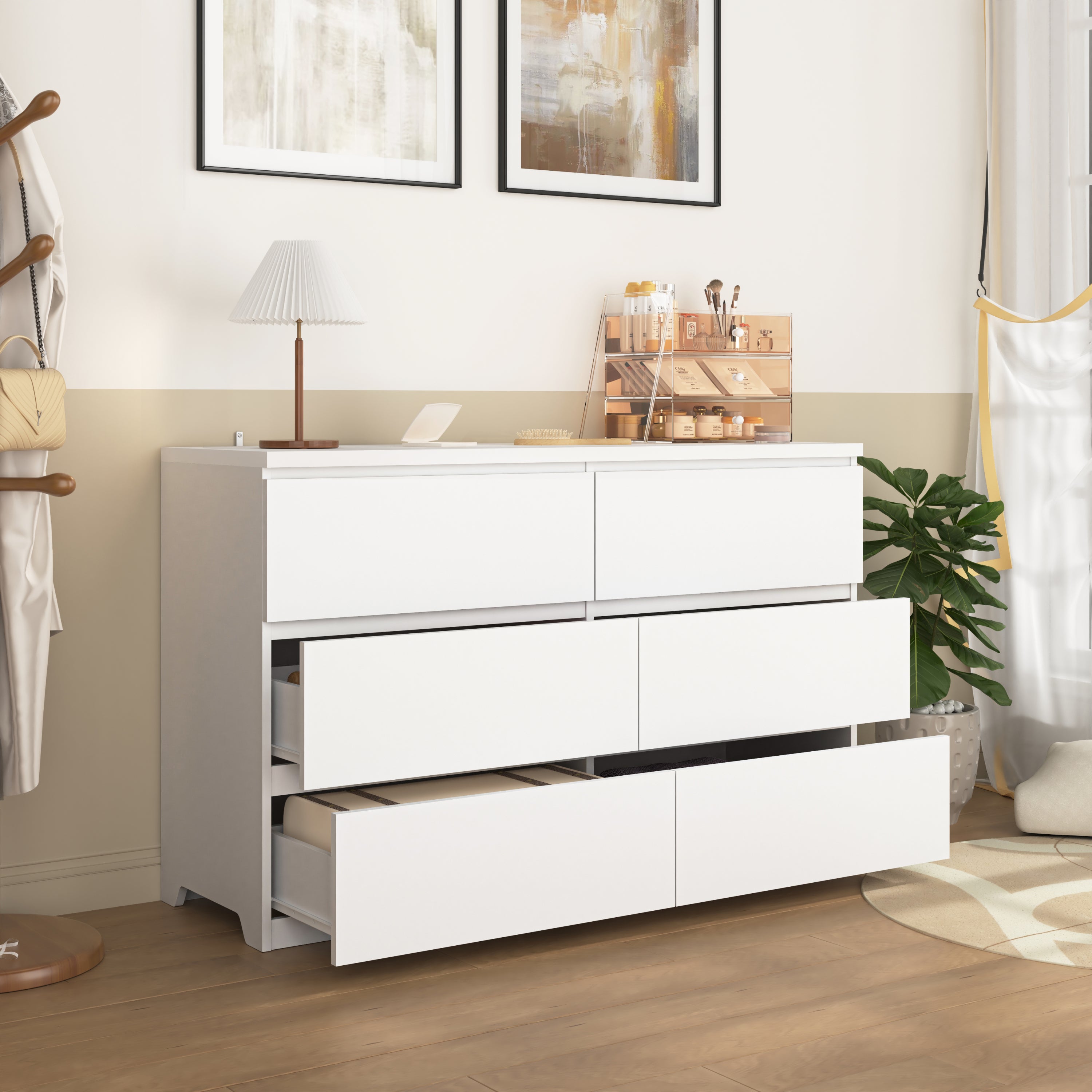 6 Drawer Storage Cabinet ,Dresser, Wood Storage Tower Clothes Organizer, Wide Chest of 6 Drawers, Large Storage Space for Bedroom, Hallway, Entryway Living Room White - Grand Goldman Shop