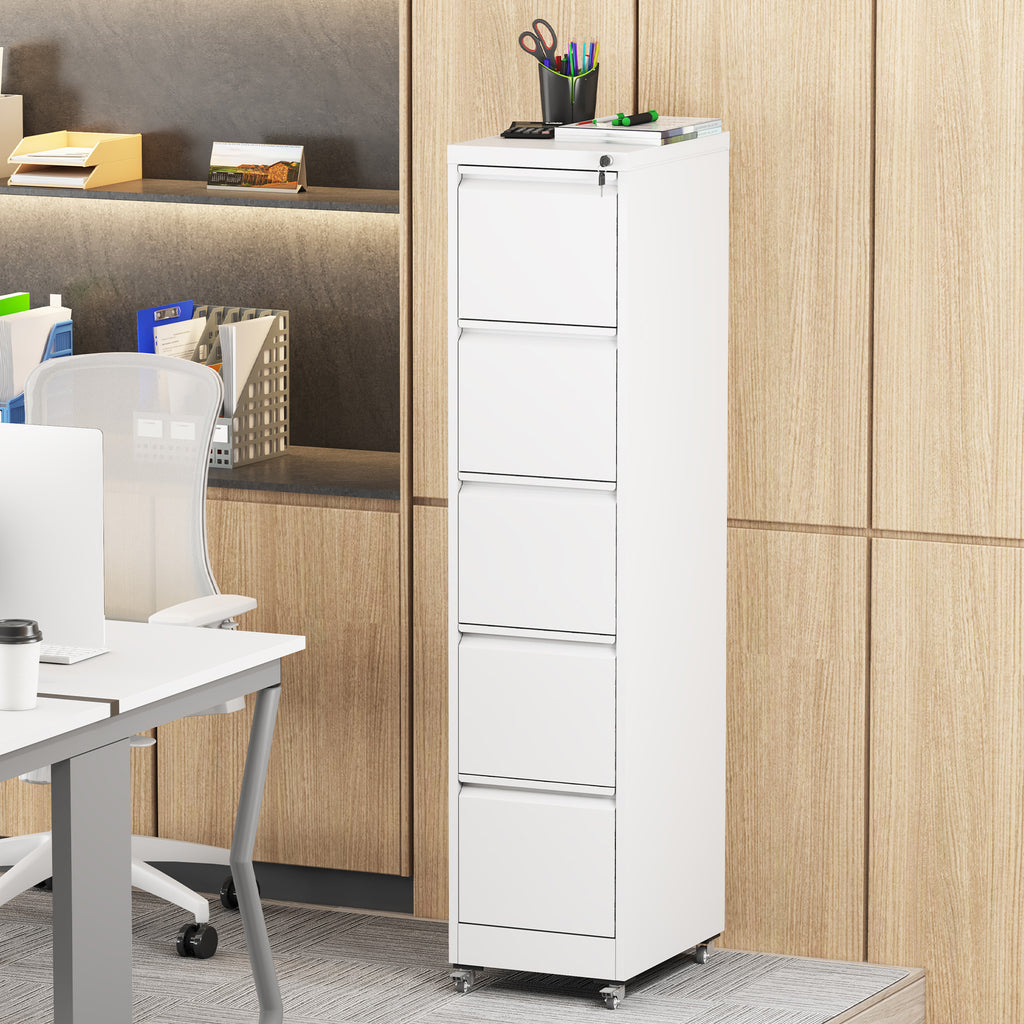 Heavy Duty 5 Drawer Metal Vertical File Cabinet with Lock and Wheels for Home Office, White, 17.72'D x 14.96'W x 64.21'H | Pr
