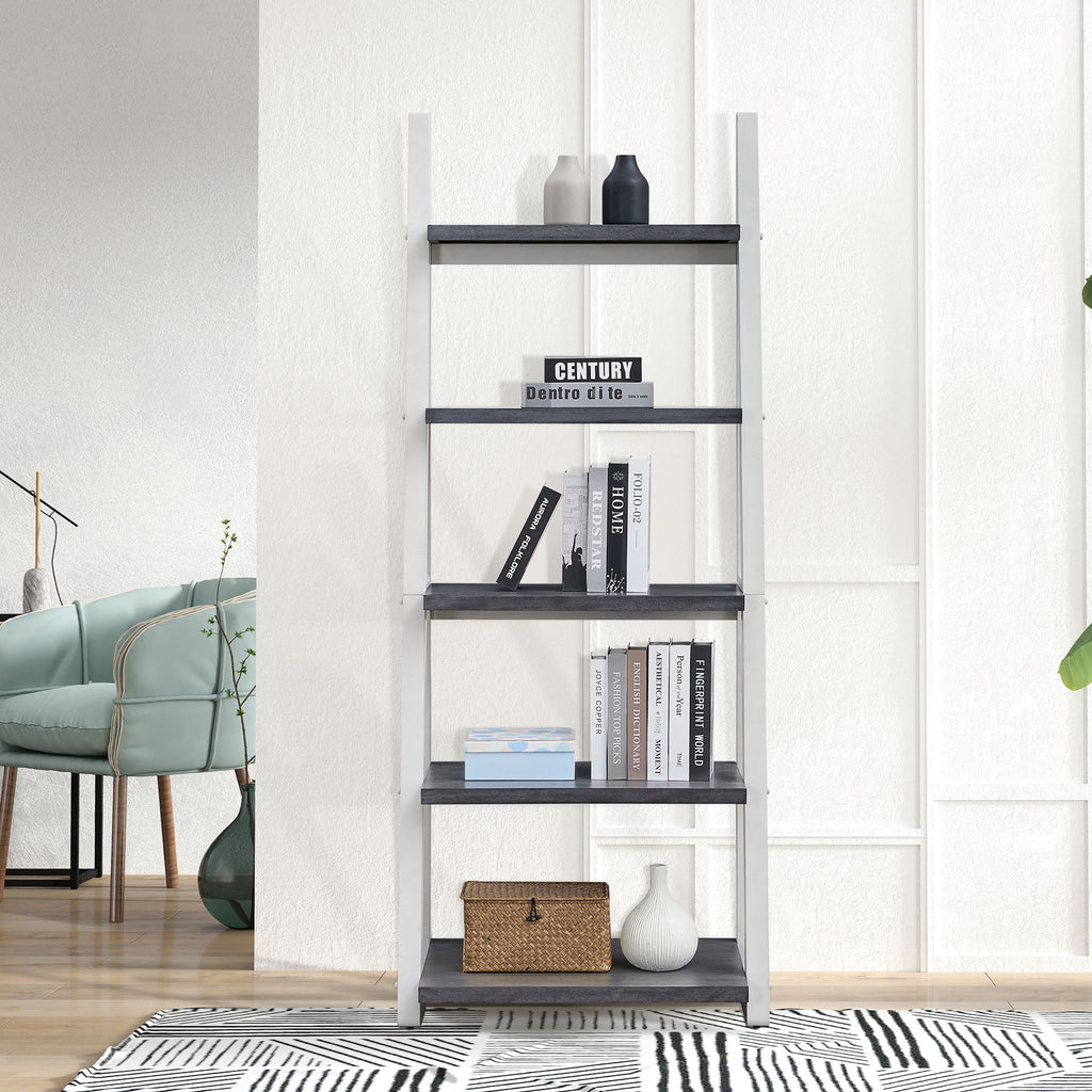 5-Tier Shelves,Bookshelf, Storage Rack, Bookcase with Rubber Wood Frame, Ladder Shelf for Living Room, Home Office, Kitchen, 