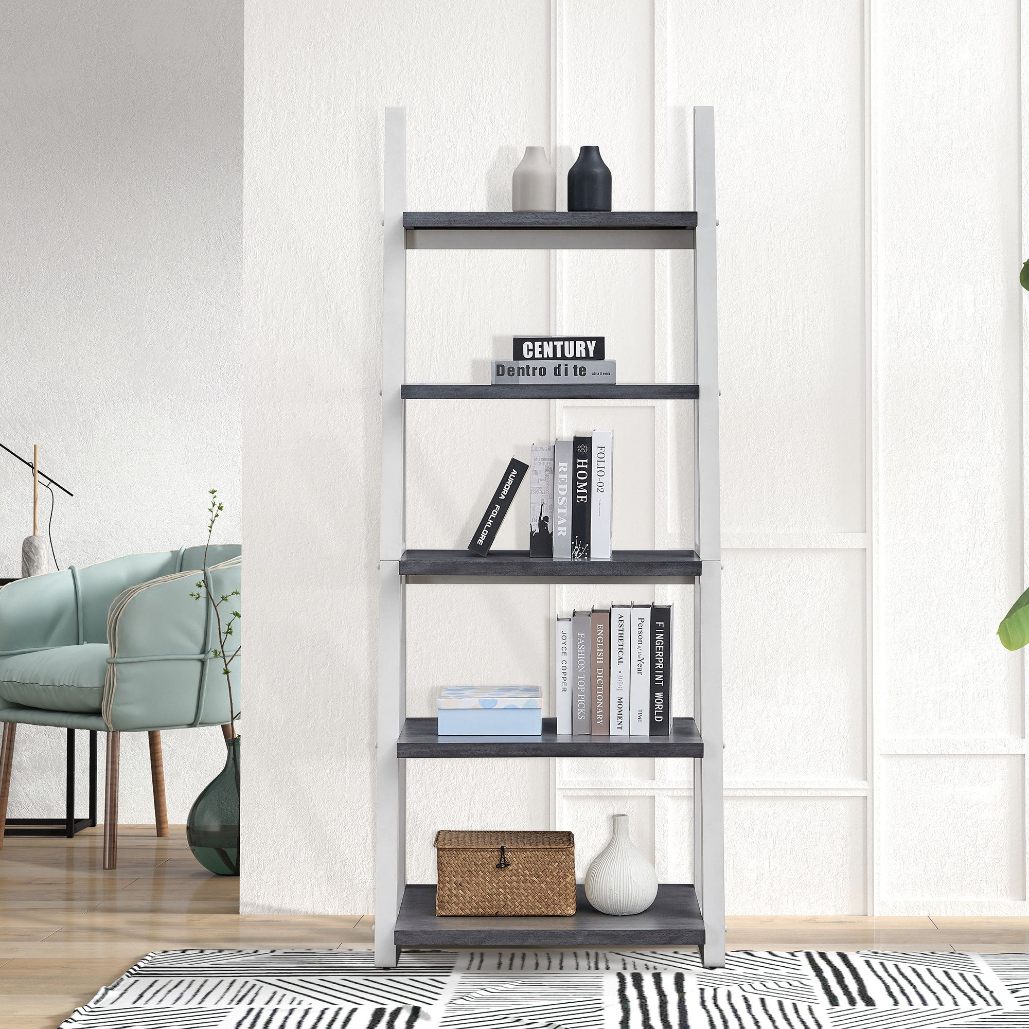 5-Tier Shelves,Bookshelf, Storage Rack, Bookcase with Rubber Wood Frame, Ladder Shelf for Living Room, Home Office, Kitchen, 