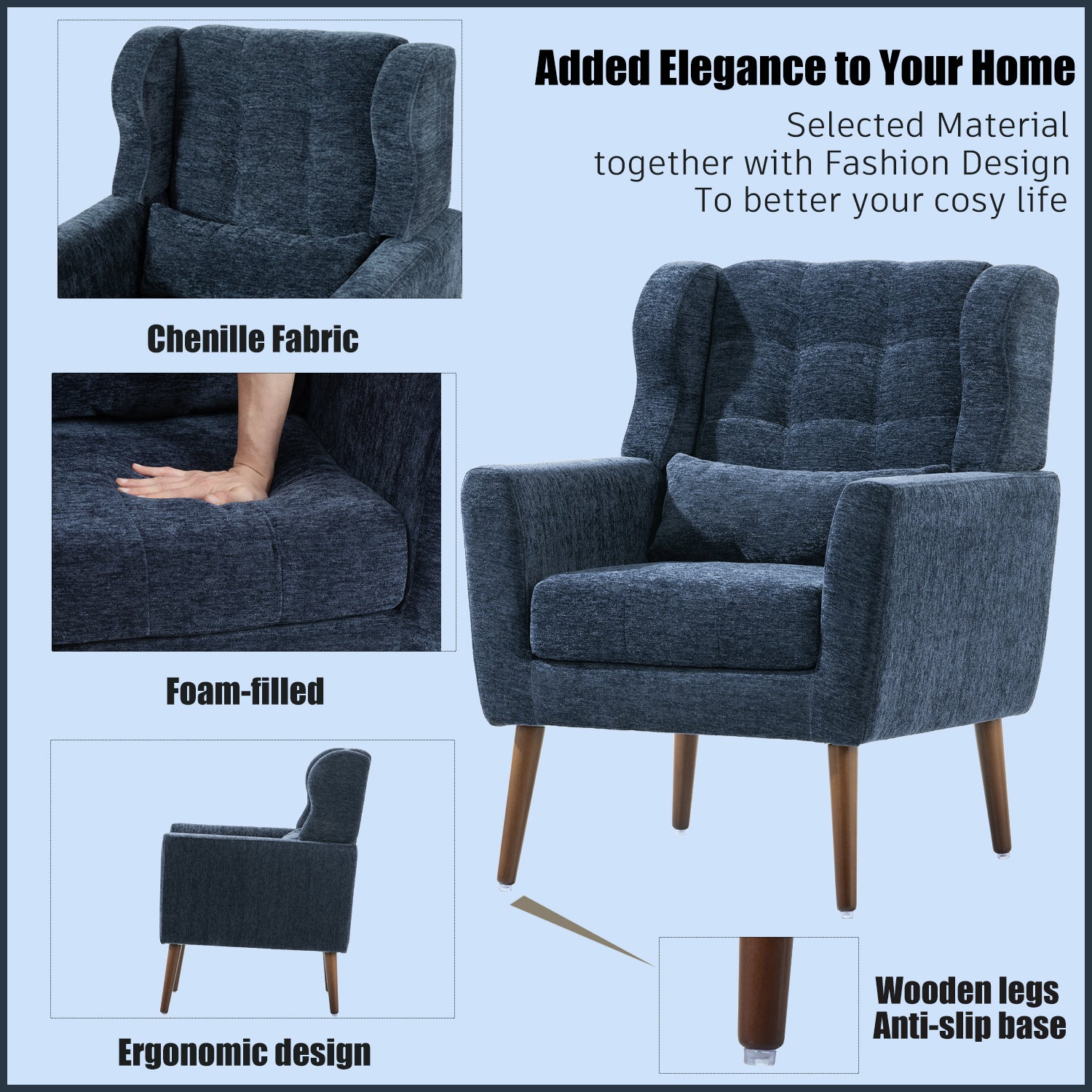 Modern Accent Chair,Chenille Arm Chairs for Living Room,Upholstered Mordern Armchair,Comfy Soft Padded Lounge Chair in Small Space, Bedroom, w/Pillow, Solid Wood Leg (Dark Blue) - Grand Goldman Shop