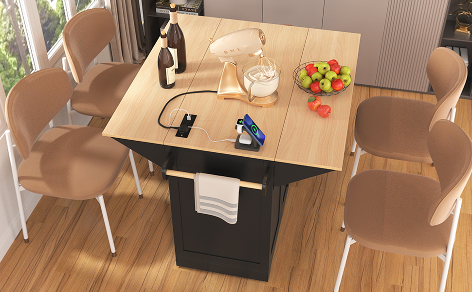 K&K 55.7'' Large Kitchen Island with 2 Drop Leaf,, Rolling Kitchen Cart on 5 Wheels with Power Outlet, Folding Storage Dining Table with Spice & Towel Rack , 3 Drawers, for Kitchen, Dining Room,Black - Grand Goldman Shop