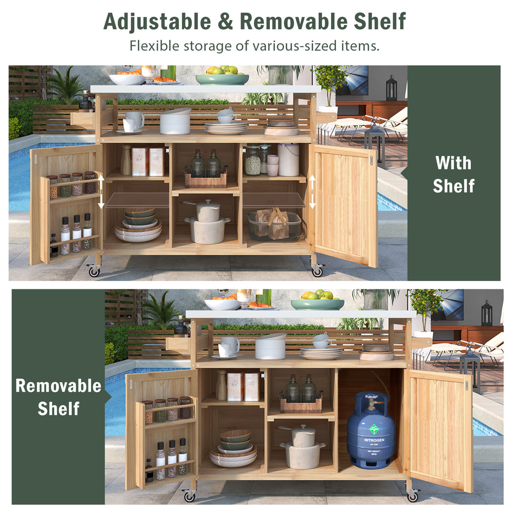 K&K Outdoor Kitchen Island, Rolling Bar Cart & Storage Cabinet, Farmhouse Solid Wood Outdoor Grill Table with Stainless Steel Top, Spice Rack , Towel Rack for Kitchen & BBQ , Natural - Grand Goldman Shop