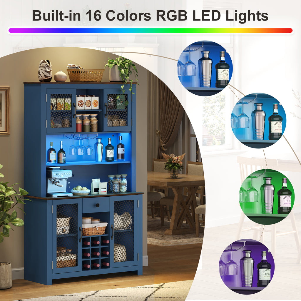 70.9' Kitchen Pantry Storage Cabinet Rustic Buffet Cabinet, Kitchen Hutch Cabinet with LED Outlets Food Pantry Cabinet with Doors and Shelves Wine Rack for Dining Room, Navy Blue - Grand Goldman Shop