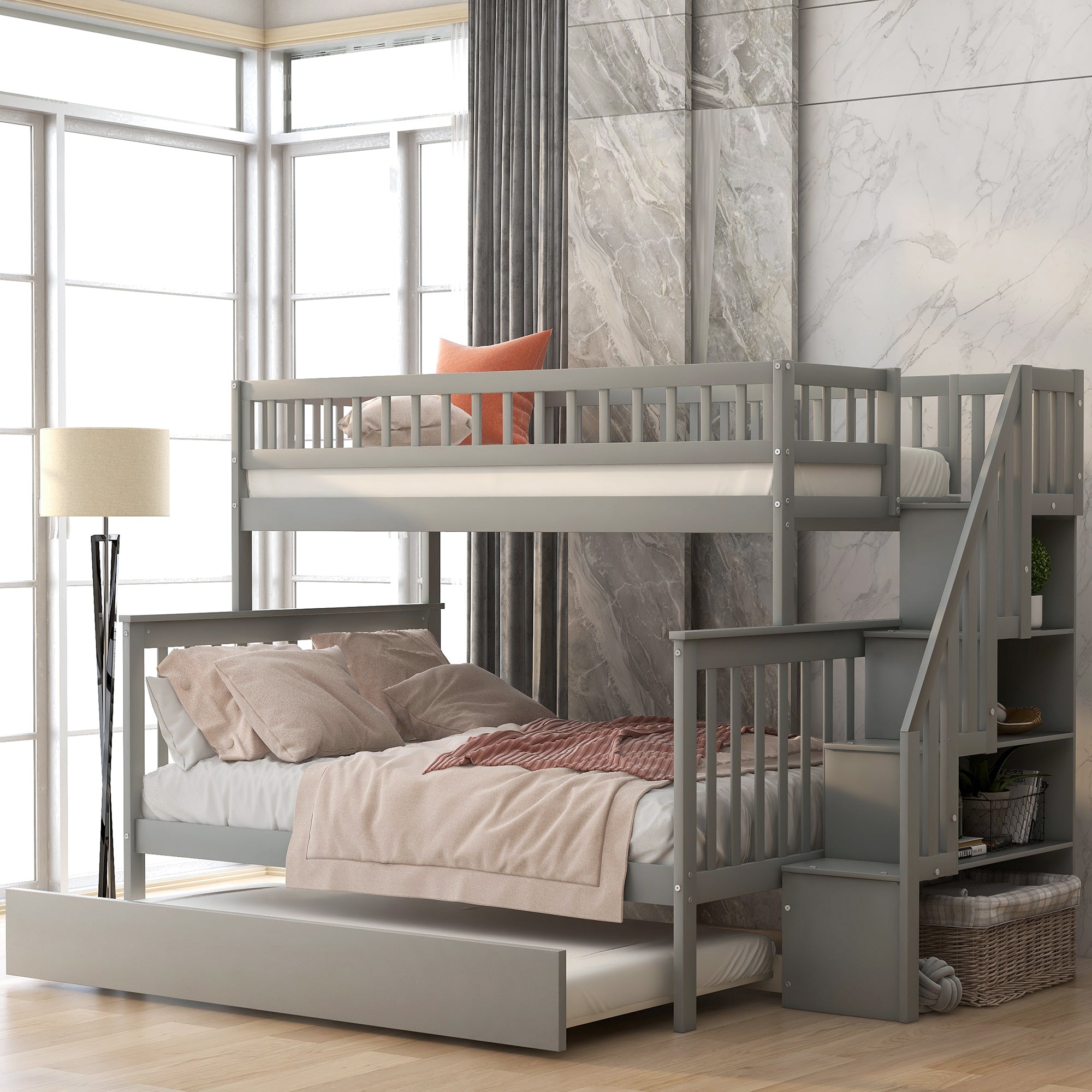 Spacey Twin over Full Bunk Bed with Trundle and Staircase, Grey - Grand Goldman Shop