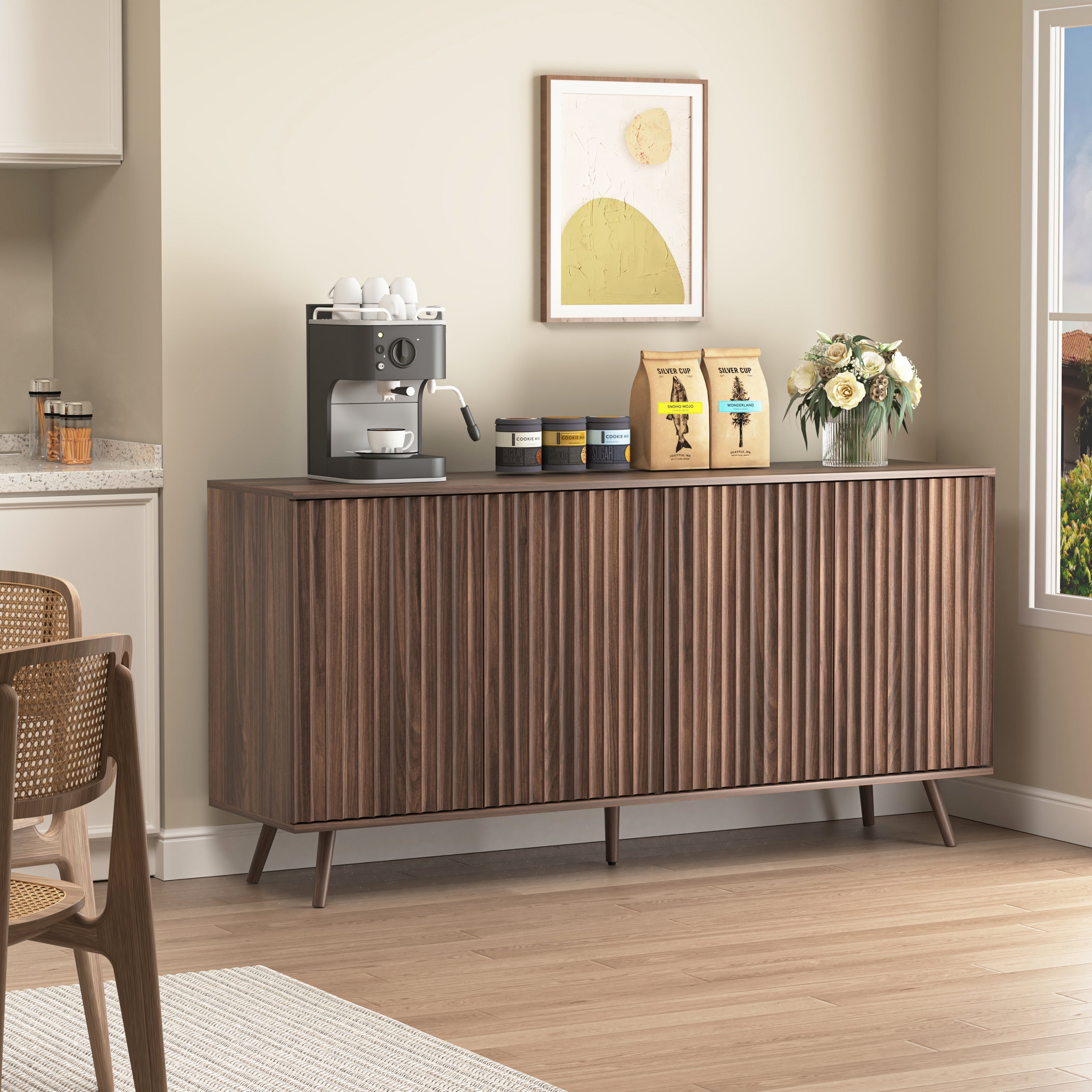 Sideboard Buffet Cabinet with Storage, Long Sideboard Storage Cabinet with 4 Doors, Wood Credenza Console Coffee Bar Cabinets with Adjustable Shelves for Living Room Kitchen Dining Room Walnut - Grand Goldman Shop