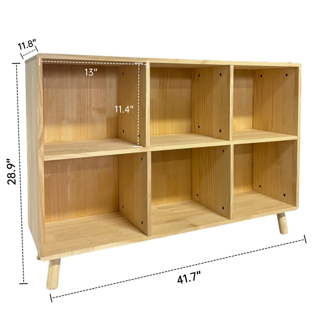 6 Cube Wooden Storage Shelf, Freestanding Open Bookcase with Legs, Natural Solid Wood Cubby Organizer for Living Room, Bedroo