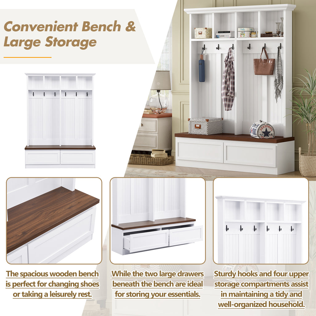 Farmhouse 4-in-1 Hall Tree with Wood Grain Bench, Mudroom Versatile Coat Rack with 2 Large Drawer, Entrance Organizer for Hallway, Living Room, White, 55.9'W (OLD SKU: N721P313099K) - Grand Goldman Shop