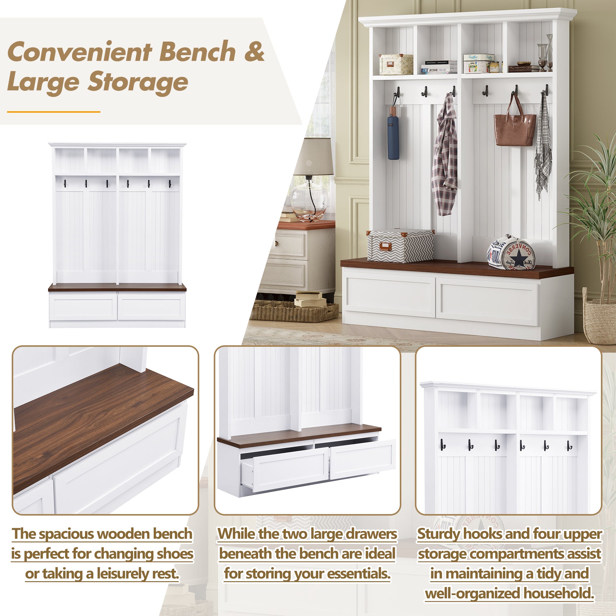Farmhouse 4-in-1 Hall Tree with Wood Grain Bench, Mudroom Versatile Coat Rack with 2 Large Drawer, Entrance Organizer for Hallway, Living Room, White, 55.9'W (OLD SKU: N721P313099K) - Grand Goldman Shop