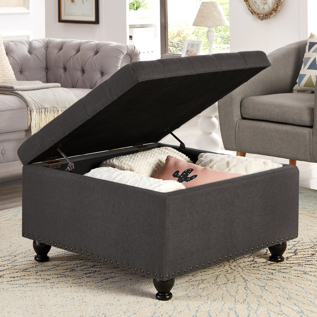 Large square storage ottoman with wooden legs, Upholstered button tufted coffee table with nail trims for Living Space,Dark Grey - Grand Goldman Shop