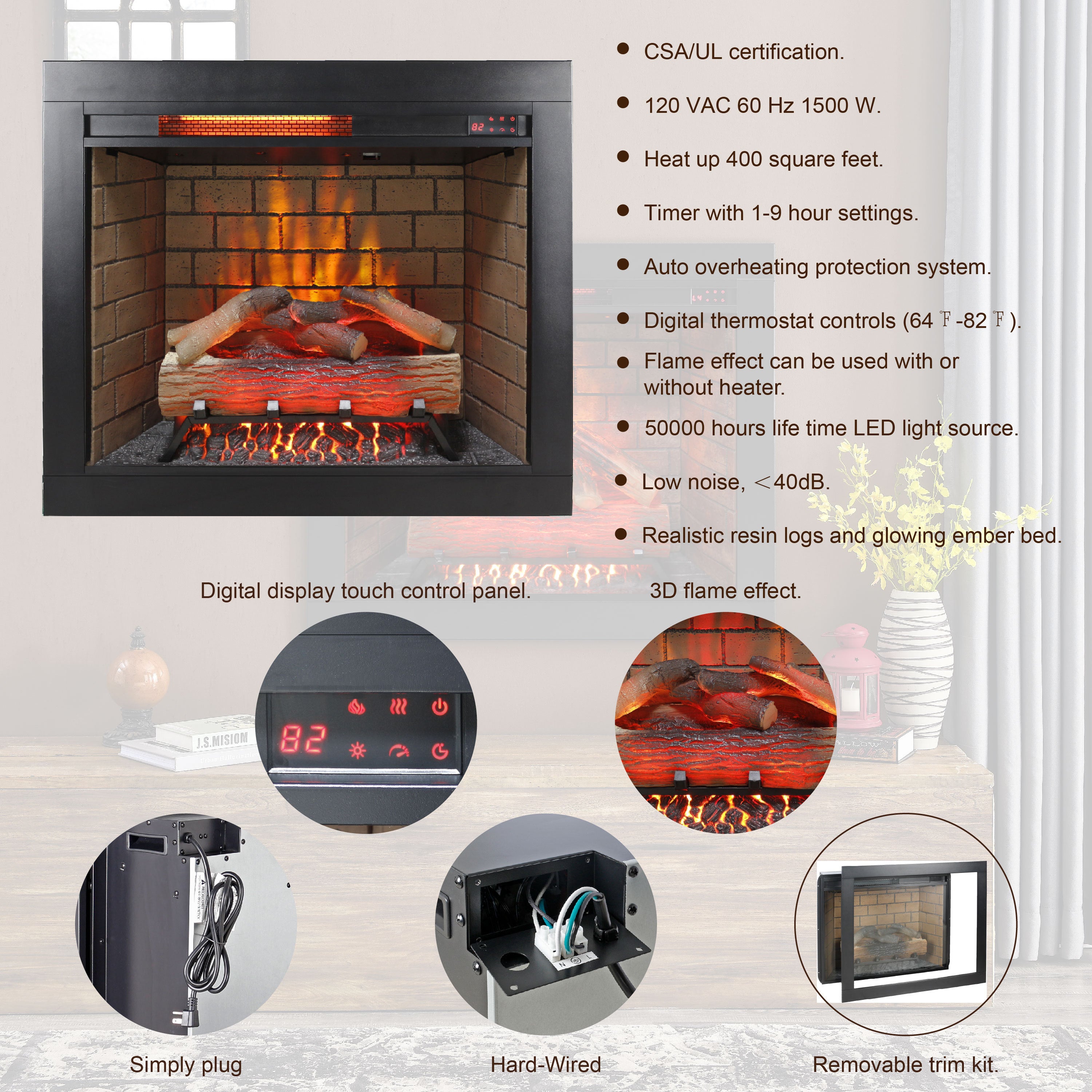 28 inch Infrared Electric Fireplace with Removable Trim kit Insert, Touch Panel Home Decor Heater, Smokeless Firebox With Fire Crackling Sound - Grand Goldman Shop