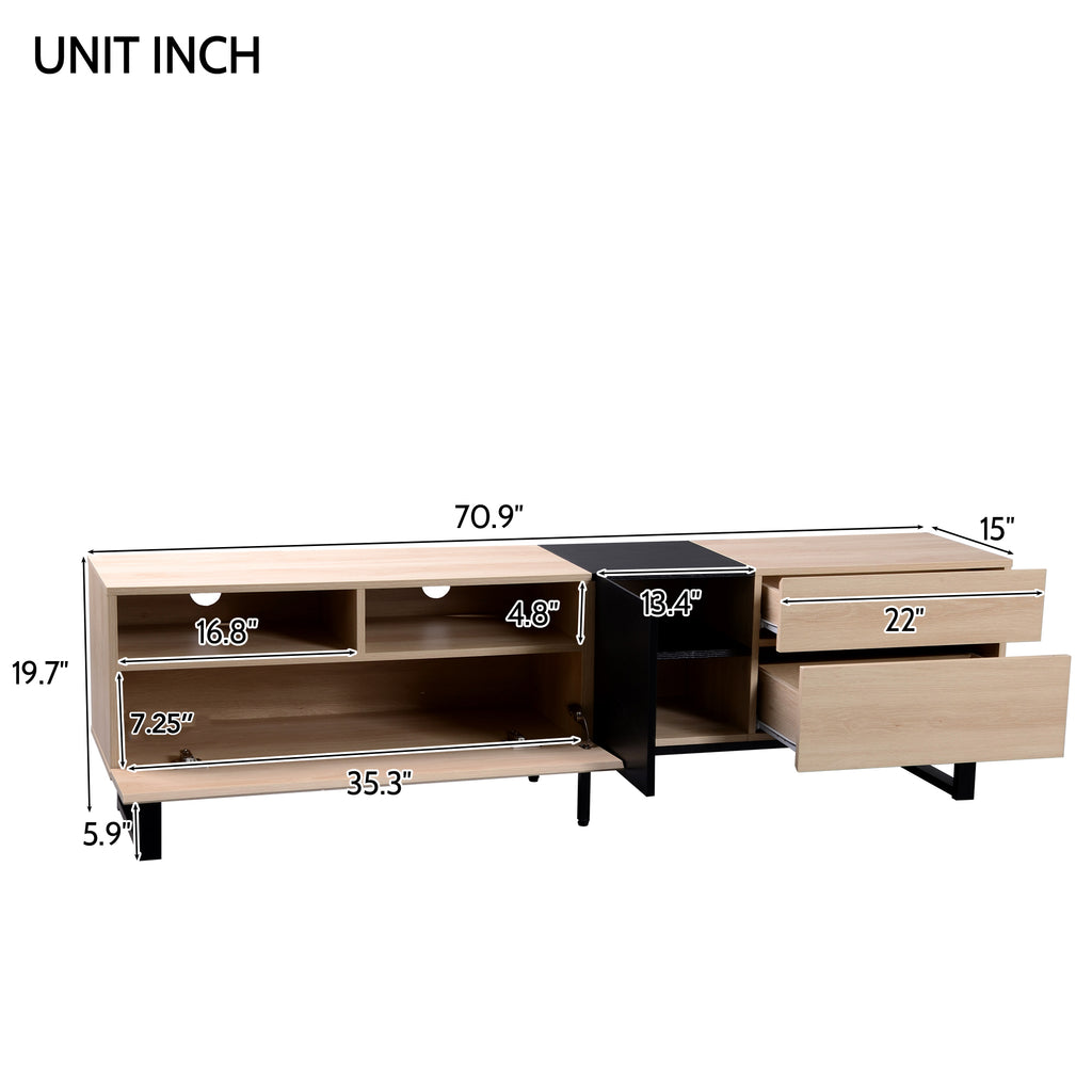 Modern TV Stand for 80'' TV with Double Storage Space, Media Console Table in Natural Wood Finish, Particle Board Construction, 70.9'' L x 15'' W x 19.7'' H - Grand Goldman Shop