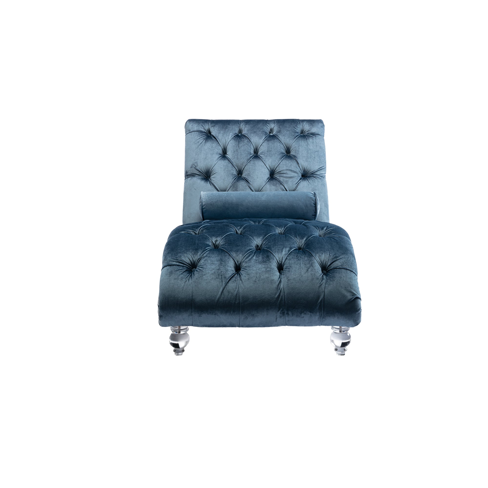 Velvet Chaise Lounge Chair with Pillow, Button-Tufted Upholstered, Light Blue, Solid Wood Frame, Acrylic Legs - Grand Goldman Shop