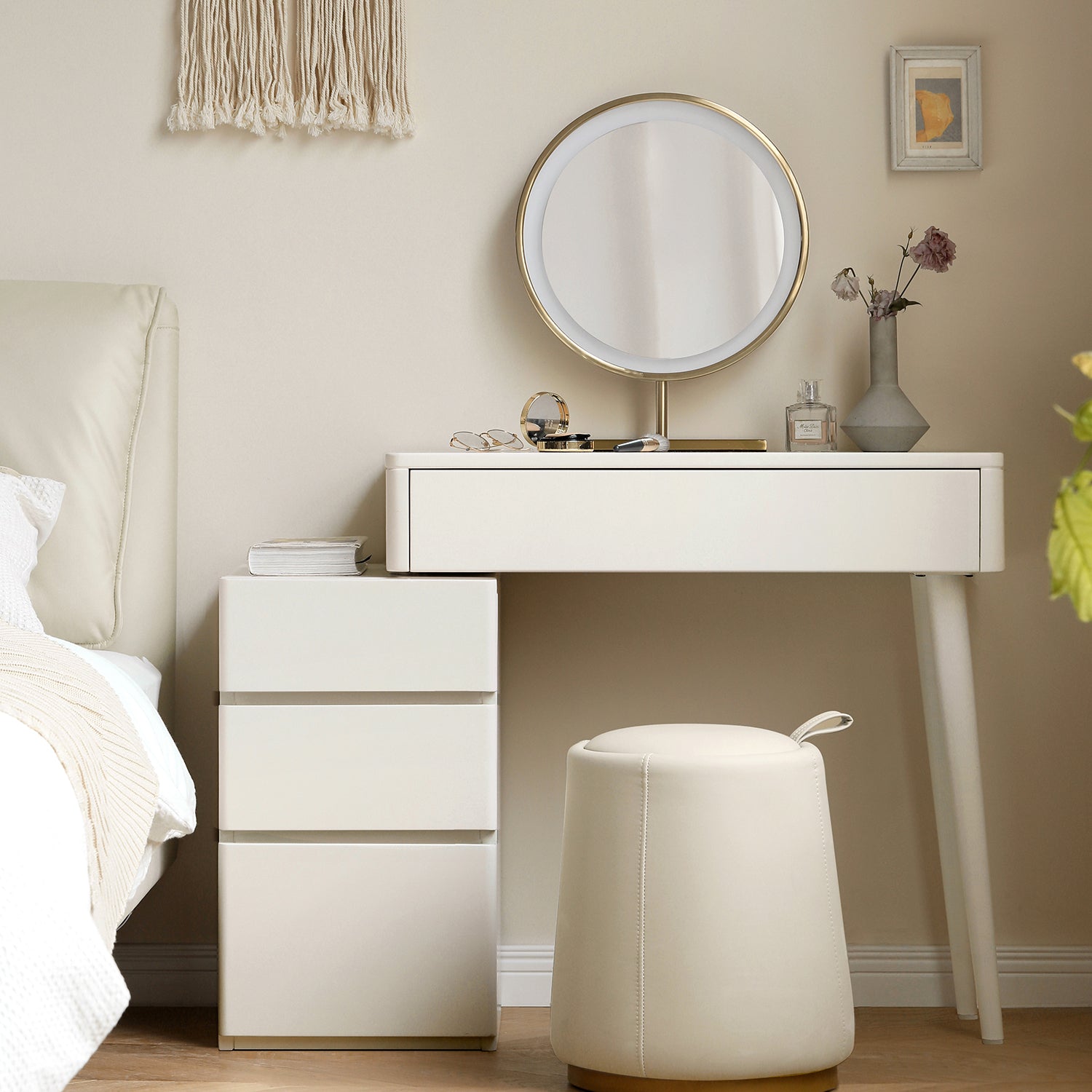Elegant White Liriodendron Chinense Dresser Table with Stool, 100% Solid Wood, Compact Storage, 80cm Width - Grand Goldman Shop