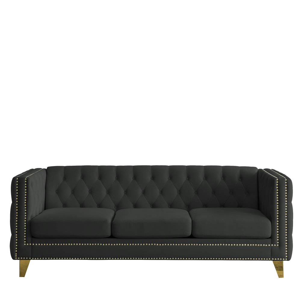 Modern Black Velvet Sofa with Button Tufting and Metal Legs, 3-Seater Couch for Living Room or Bedroom, Upholstered in Soft Velvet with Solid Wood Frame - Grand Goldman Shop