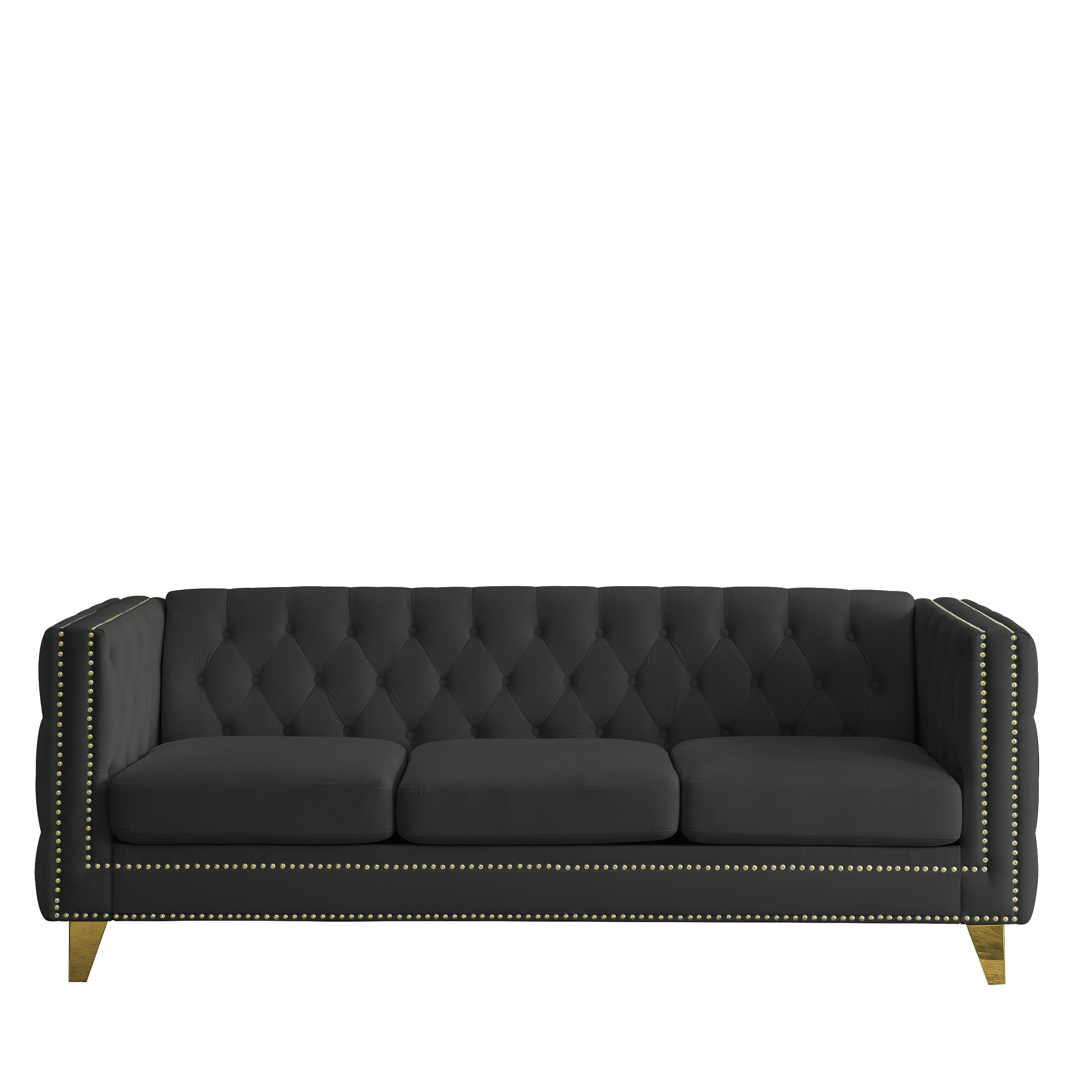 Modern Black Velvet Sofa with Button Tufting and Metal Legs, 3-Seater Couch for Living Room or Bedroom, Upholstered in Soft Velvet with Solid Wood Frame - Grand Goldman Shop