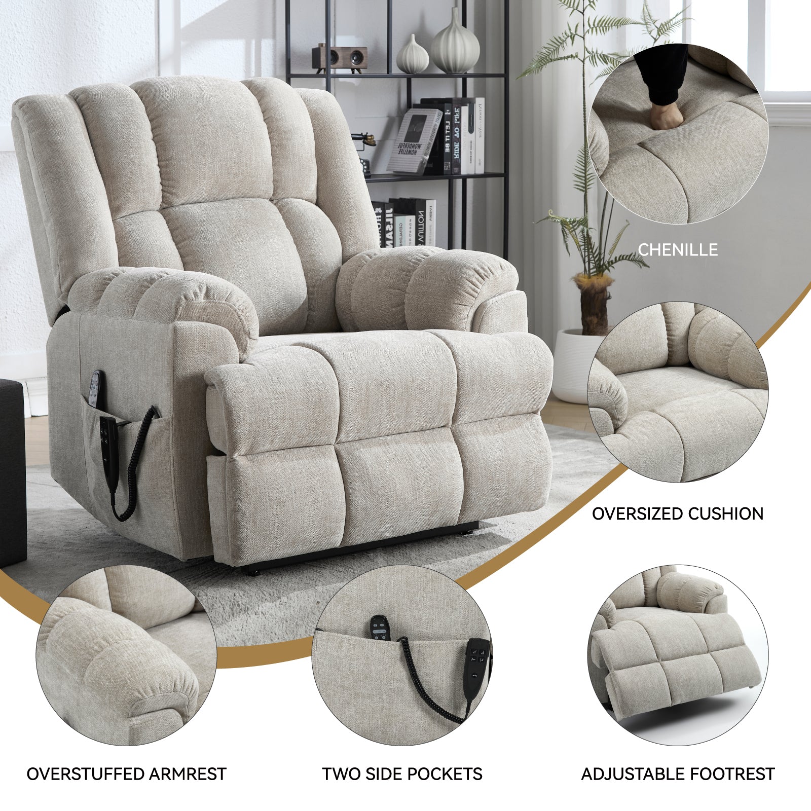Dual Motor Heat Massage Infinite Position Up to 350 LBS Electric Power Lift Recliners with Power-Remote, Medium-firm and Heavy Duty, Beige - Grand Goldman Shop
