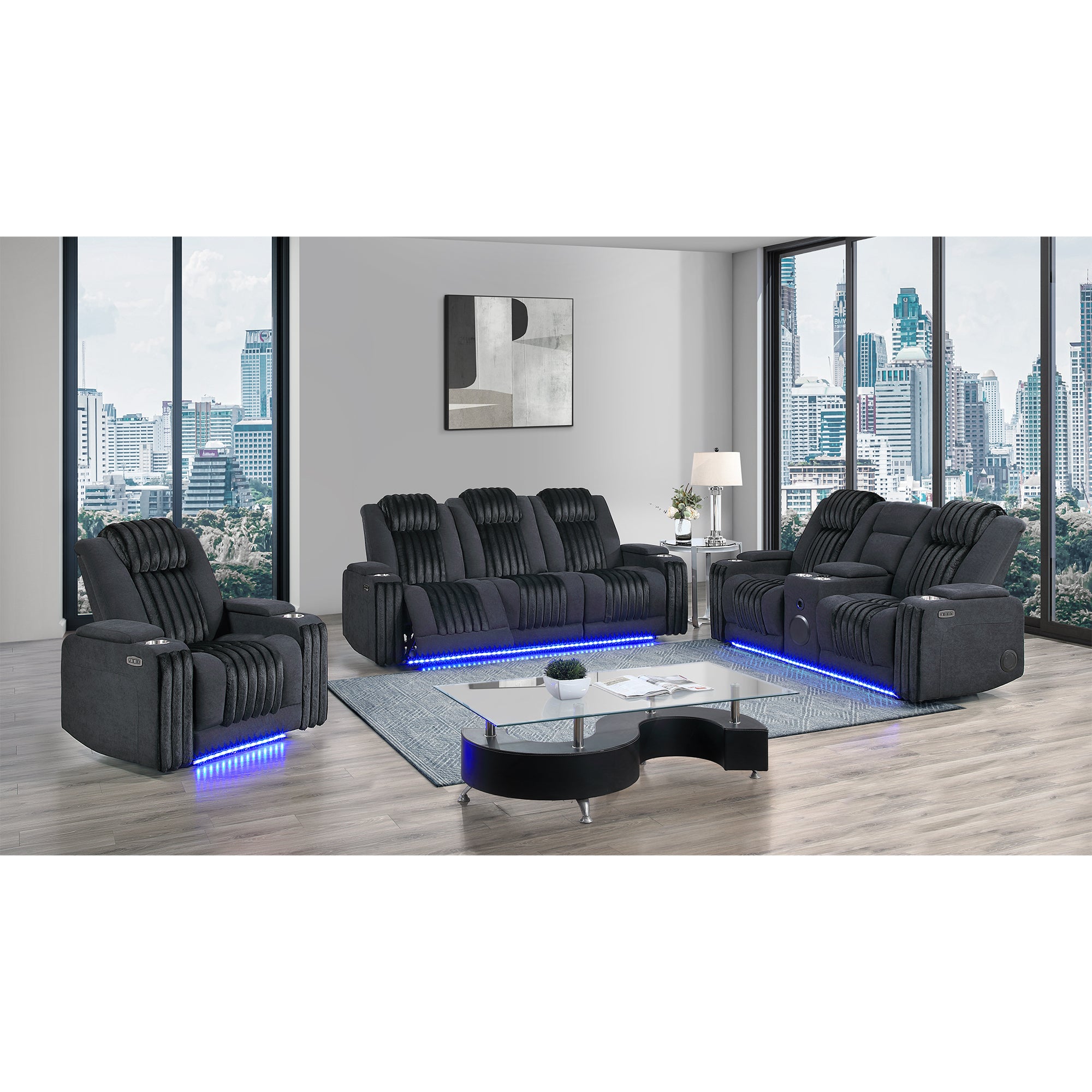 Duran Black 3PC Power Reclining Sofa-Loveseat and Recliner with Power Headrest, LED, USB and Bluetooth Speaker - Grand Goldman Shop