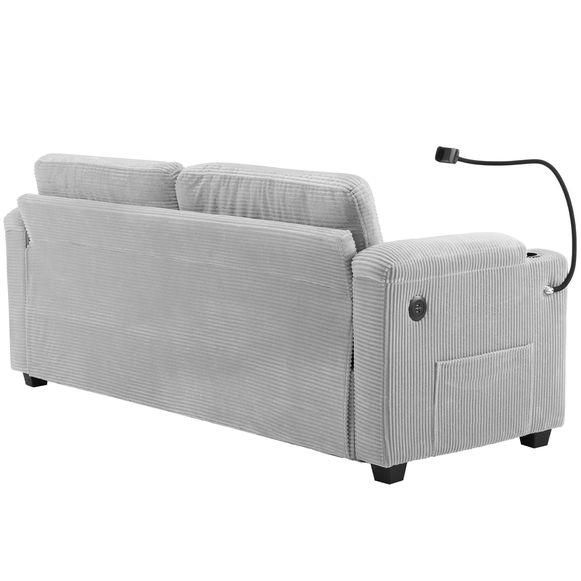 Corduroy Sleeper Sofa Loveseat with Full Size Mattress, USB Ports, Cup Holders, Side Pockets, and Phone Holder, Grey - Grand Goldman Shop