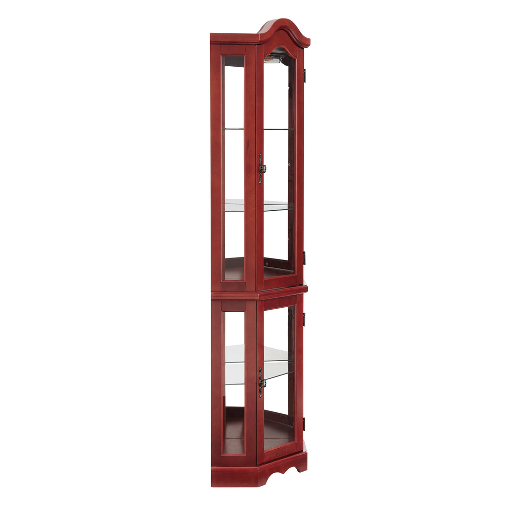 Curio Cabinet Lighted Glass Display Curio Cabinet w/Tempered Glass Doors and Shelves, Crown Corner Cabinet with Bulb, Corner Storage Decoration for Living room and Bedroom Cherry - Grand Goldman Shop