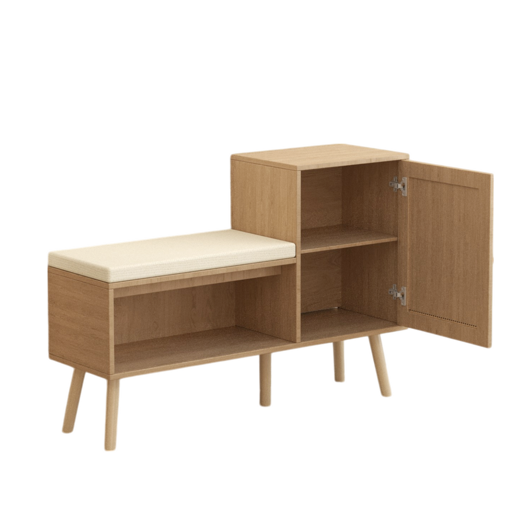 2-in-1 Shoe Storage Bench with Adjustable Shelves, Antique Natural Rattan Finish, PP Rattan and Wood Construction, Modern Entryway Organizer, 39.4 x 27.6 x 11.8 inches - Grand Goldman Shop