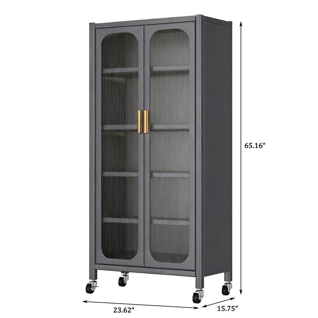 65'  Metal 6-Tier Storage Cabinet with Transparent Door, Adjustable Shelves & Wheels, for Kitchen Pantry Organization, Gray Metal - Grand Goldman Shop