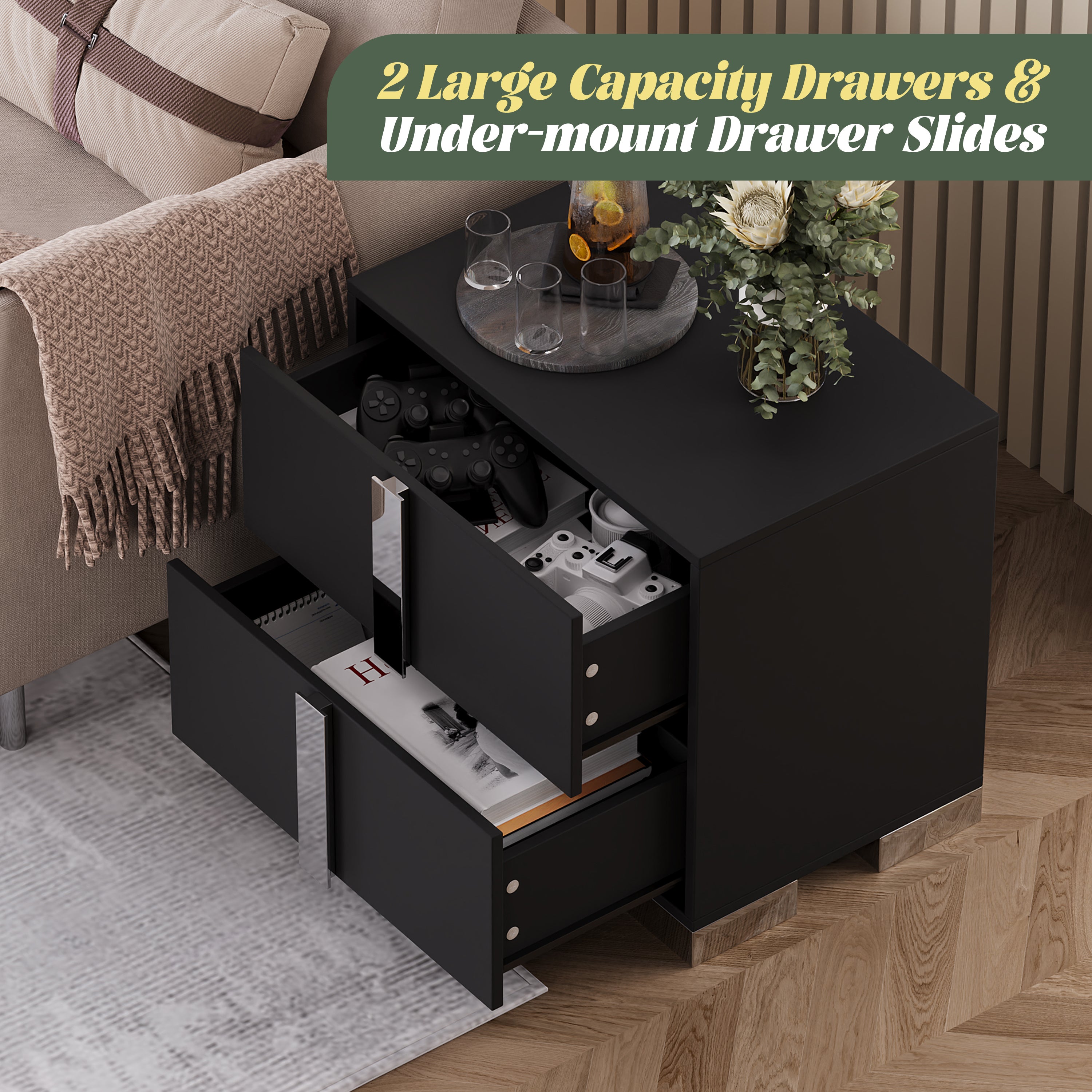 Modern End Table with Drawers, Elegant Nightstand with Metal Foot,Wood Bedside Table with Mirrored Metal Handles,Sofa Side End Table for Bedroom Living Room Office,Black - Grand Goldman Shop