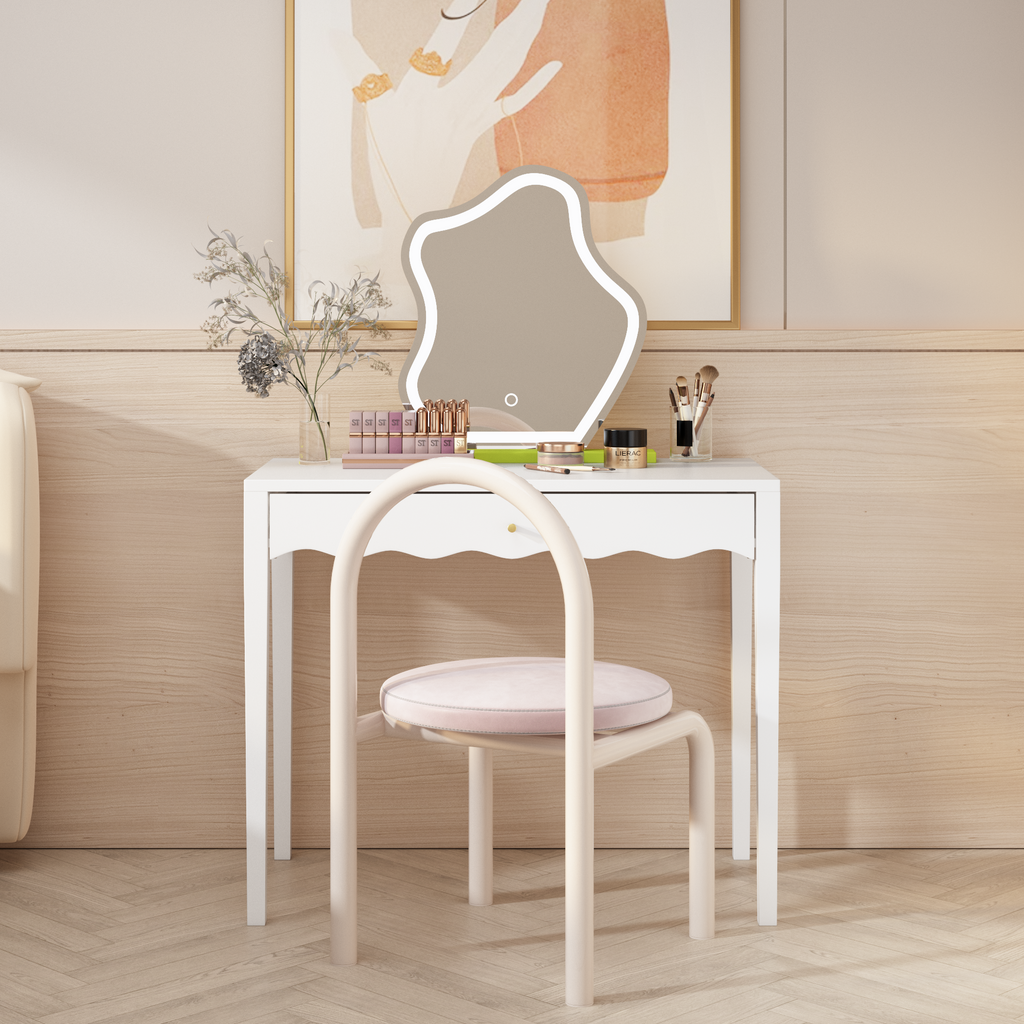 White 35.43' Vanity Desk with Drawer – Modern Makeup Table with Scalloped Front & Gold Knob, Compact Writing Desk with 4 Sturdy Legs for Bedroom, Small Home Office & Apartment Spaces - Grand Goldman Shop
