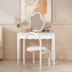 White 35.43' Vanity Desk with Drawer – Modern Makeup Table with Scalloped Front & Gold Knob, Compact Writing Desk with 4 Sturdy Legs for Bedroom, Small Home Office & Apartment Spaces - Grand Goldman Shop