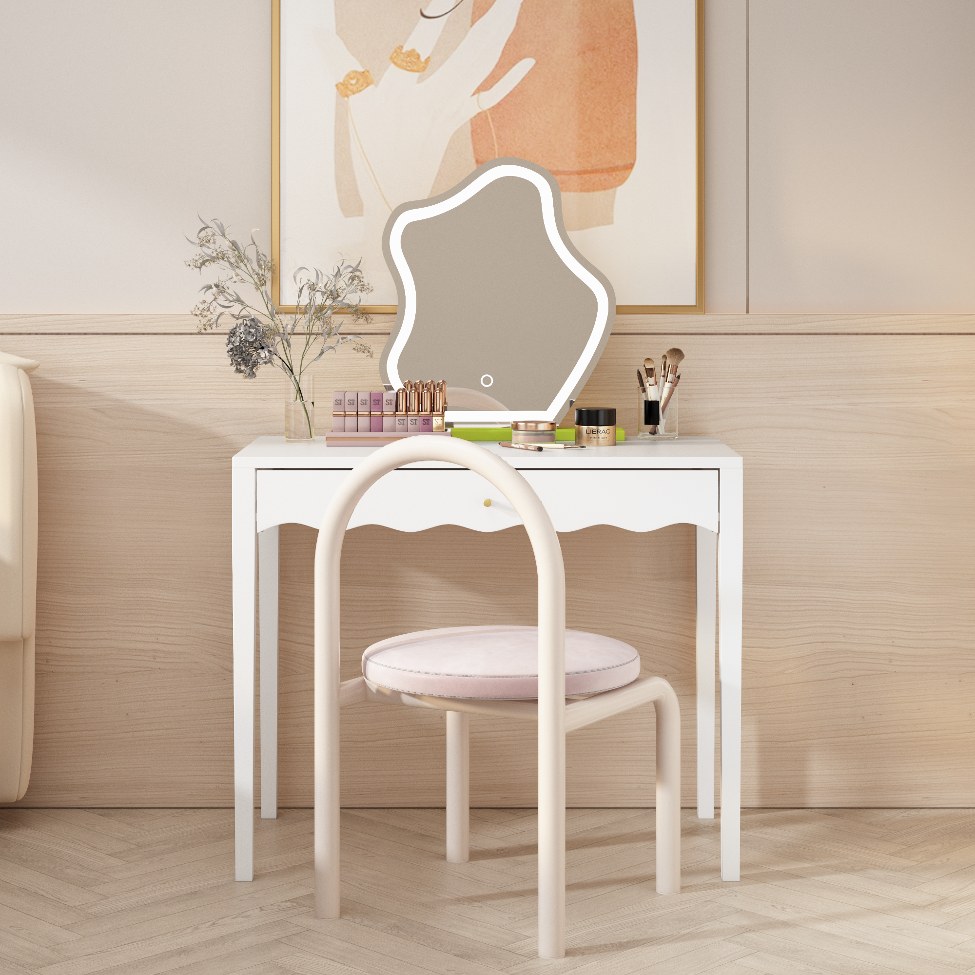 White 35.43' Vanity Desk with Drawer – Modern Makeup Table with Scalloped Front & Gold Knob, Compact Writing Desk with 4 Sturdy Legs for Bedroom, Small Home Office & Apartment Spaces - Grand Goldman Shop