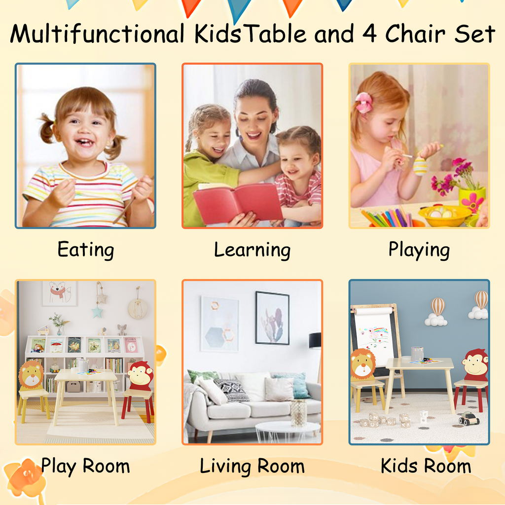 Lion & Monkey Wooden Activity Play Table Set for Kids, 3-Piece Toddler Table and Chair Set in Yellow & Red, Solid Wood & MDF,