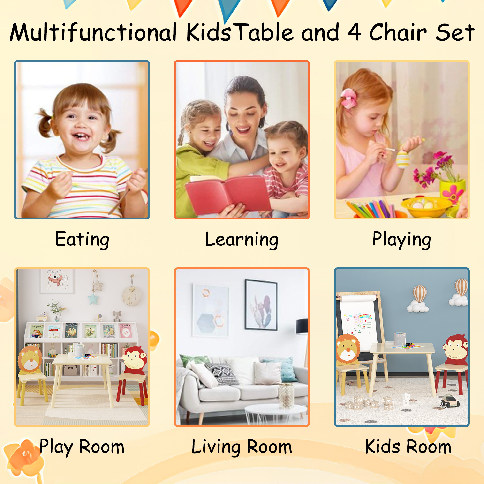 Lion & Monkey Wooden Activity Play Table Set for Kids, 3-Piece Toddler Table and Chair Set in Yellow & Red, Solid Wood & MDF,