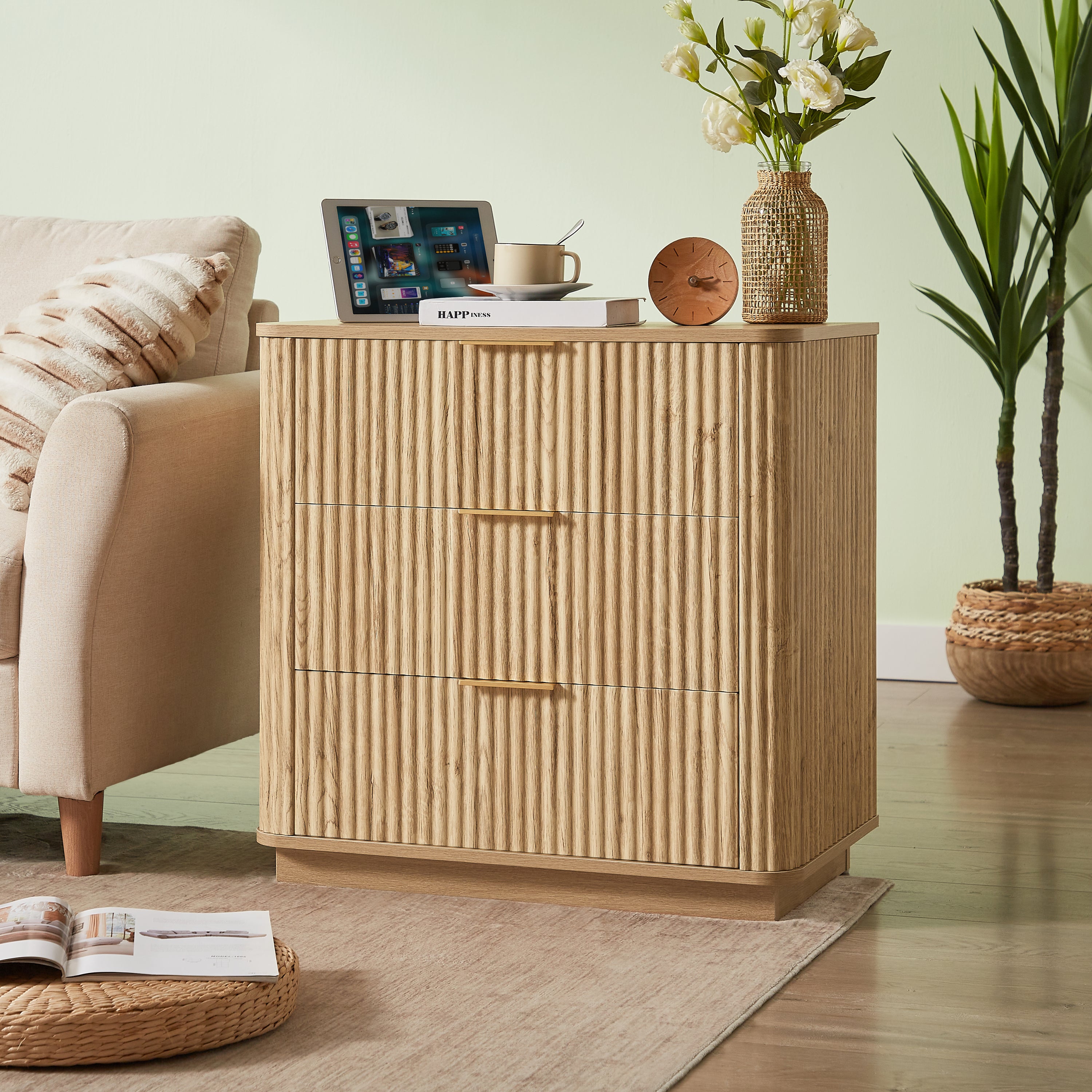 3 Drawers Drasser 2PCS, 27.6'' Wide Modern Chest of Drawers Curved wave Design,Nightstand,Wood Drawer Organizer for Bedroom, Living Room, Hallway, Oak,27.6''W x 15.8''D x 27.4''H. - Grand Goldman Shop